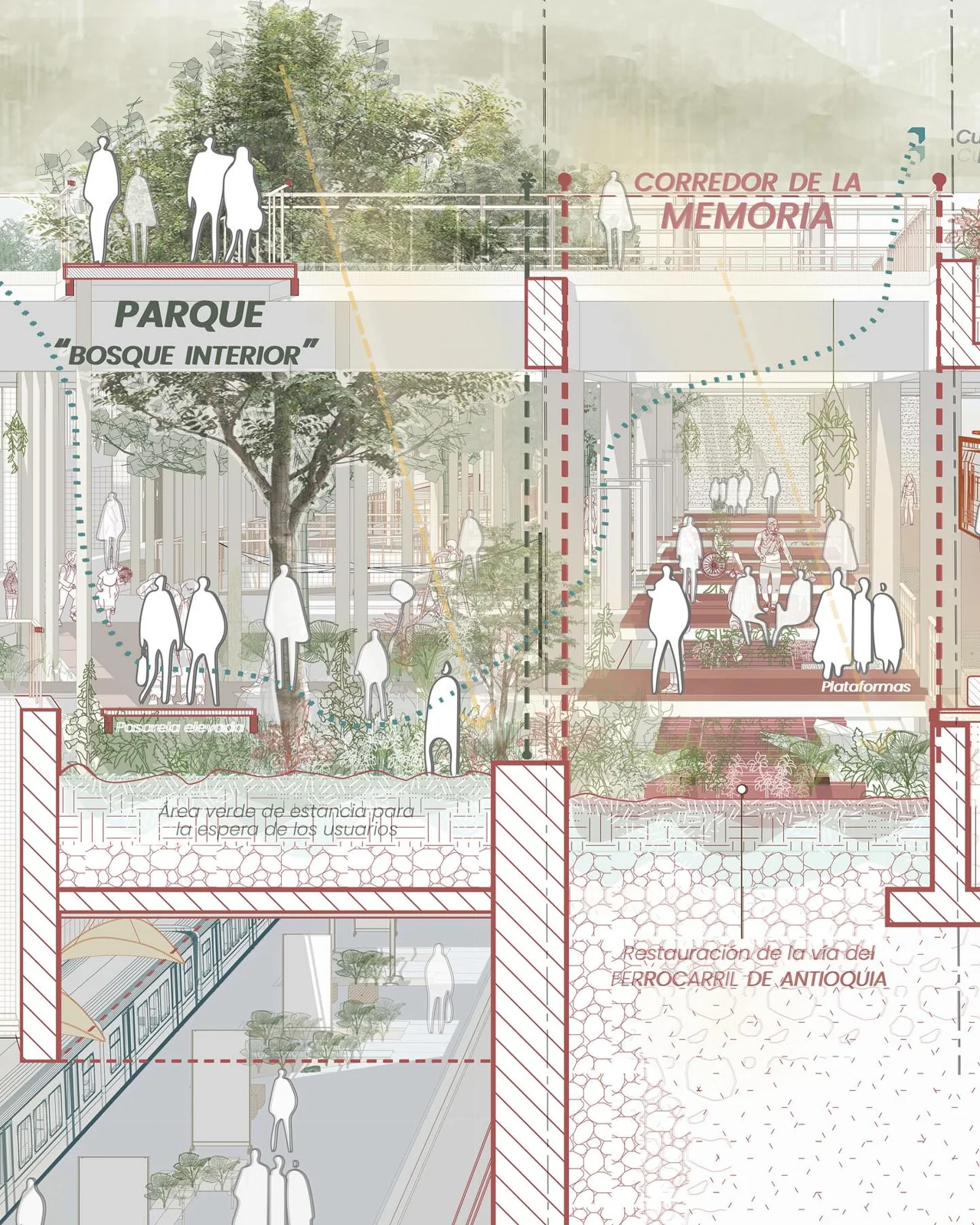 Board titled interior forest park and memory corridor with a red perspective section and text