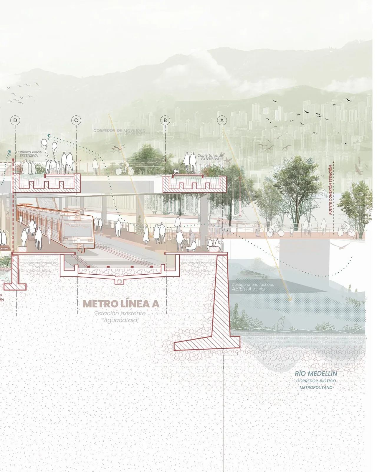 Perspective cross section of a metro station drawn in red over a photo, labeled Metro Linea A