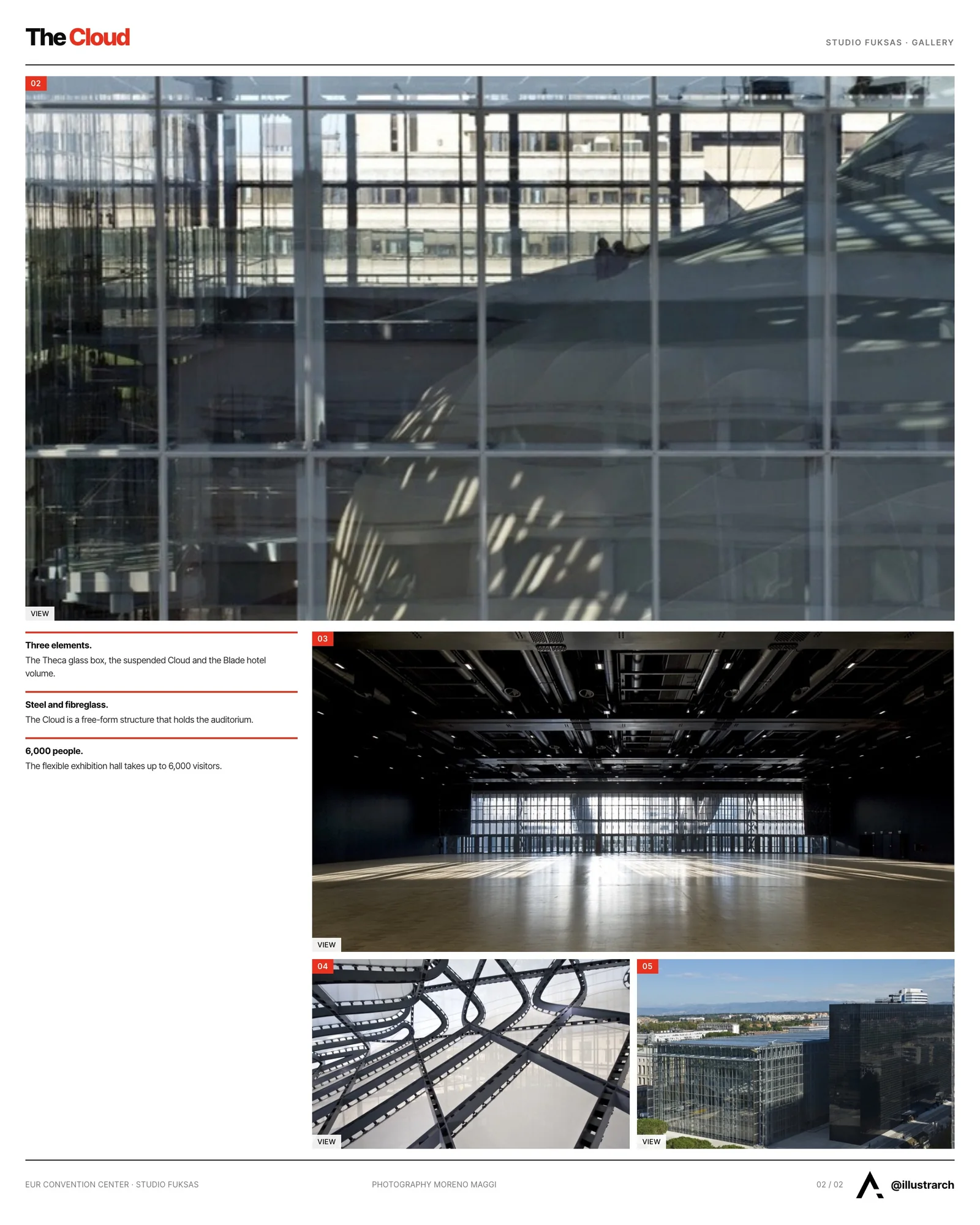 Second presentation board sheet for Rome’s EUR Convention Center “The Cloud” and Its Architectural Significance, laying out the project drawings and images on one page