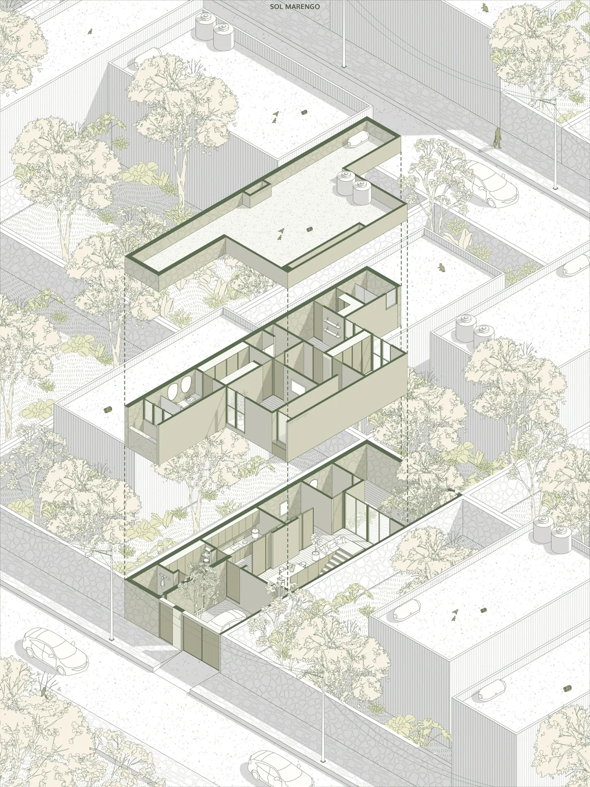 Exploded axonometric diagram of a house in beige tones showing stacked floor levels