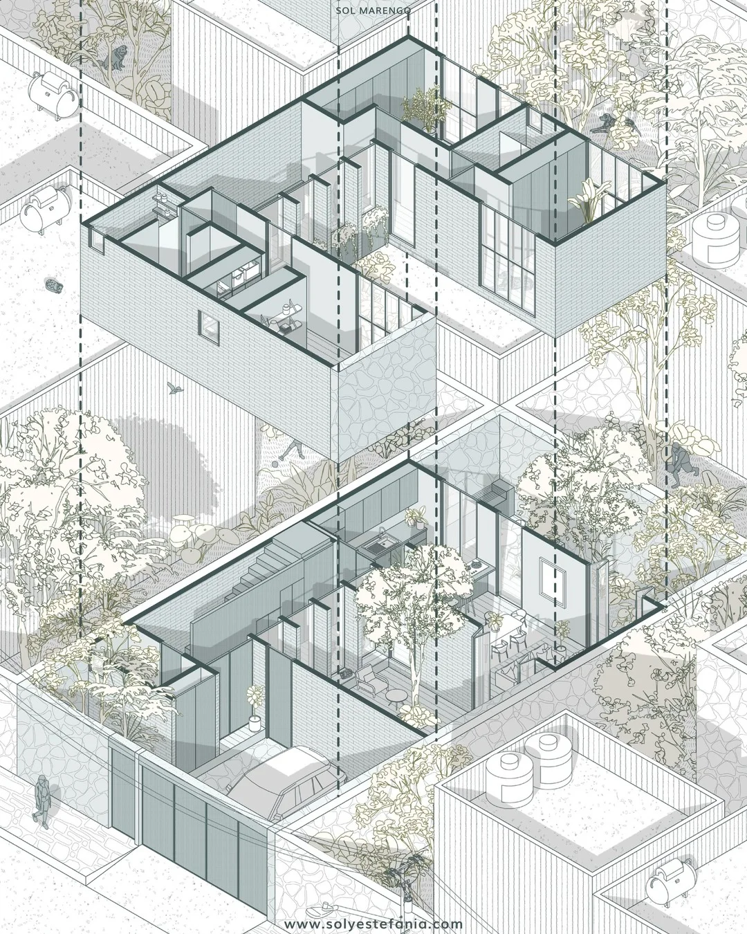Exploded axonometric diagram revealing an interior room layout across stacked floor plates