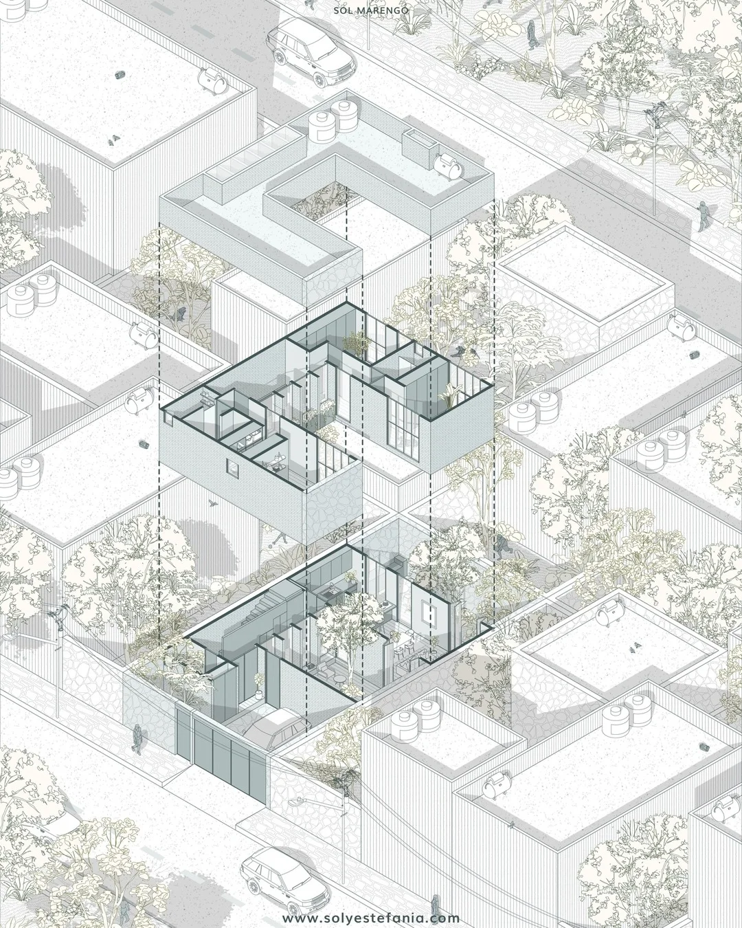 Exploded axonometric diagram of a house showing separated floor plates and surrounding trees