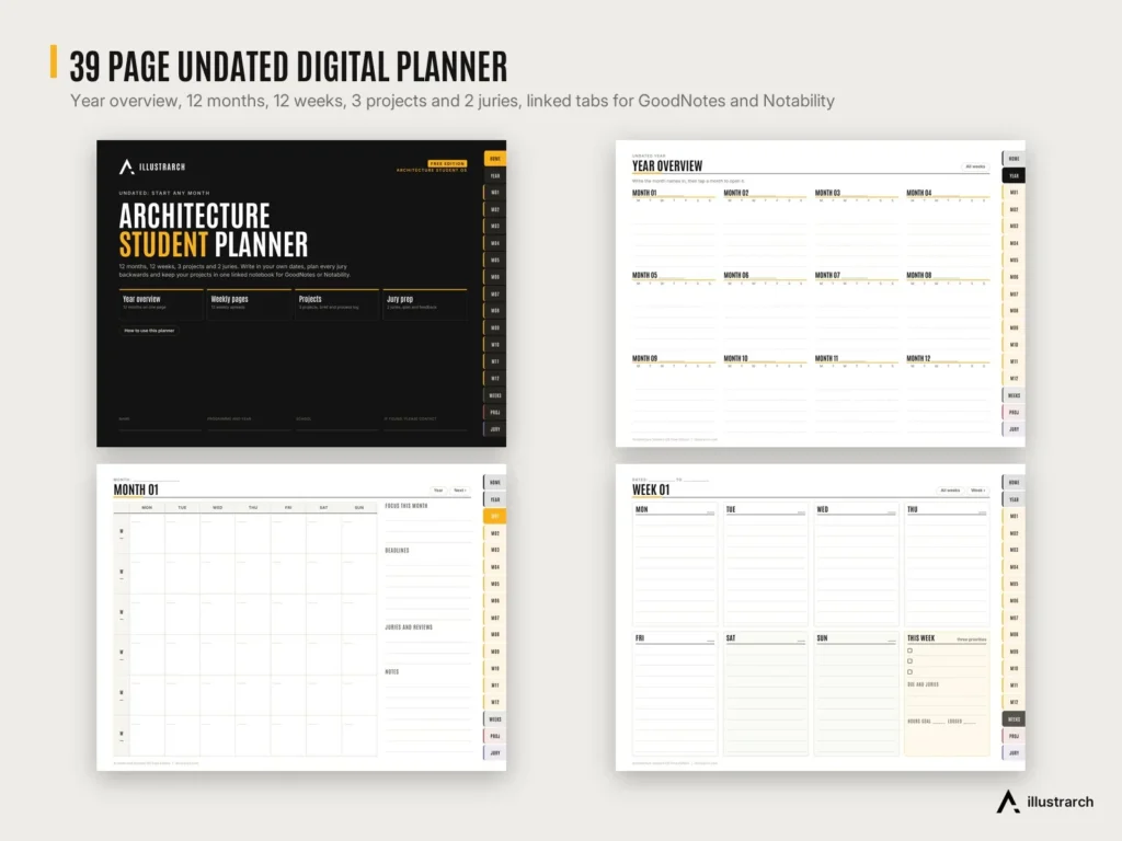 Architecture Student OS preview: planner pages
