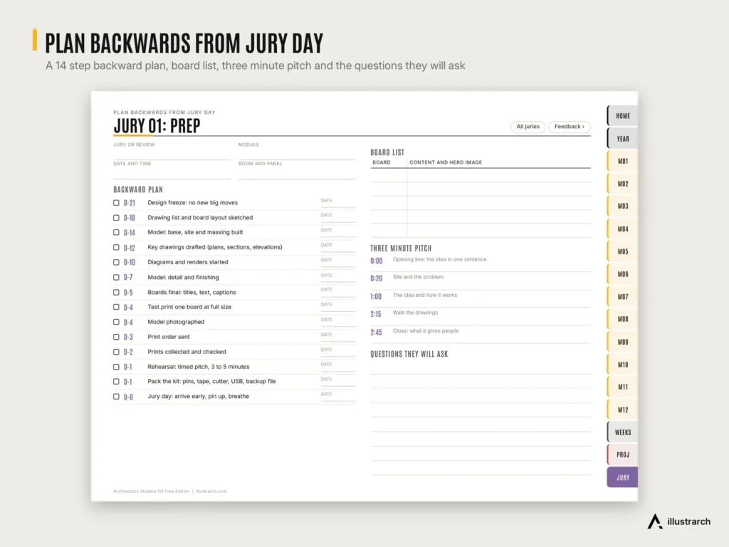 Architecture Student OS preview: jury prep page