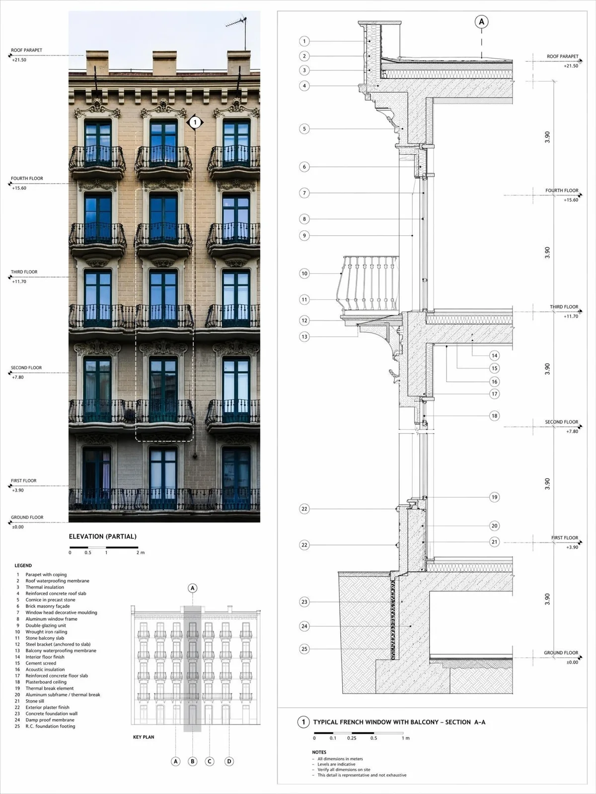 Historic facade detail board with a balconied building photo and a vertical window section drawing