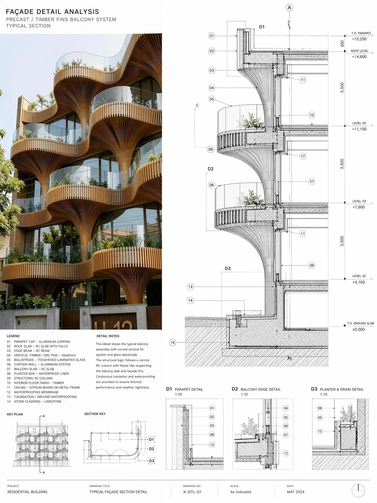 Facade detail board with a photo of curved timber balconies and a vertical section drawing