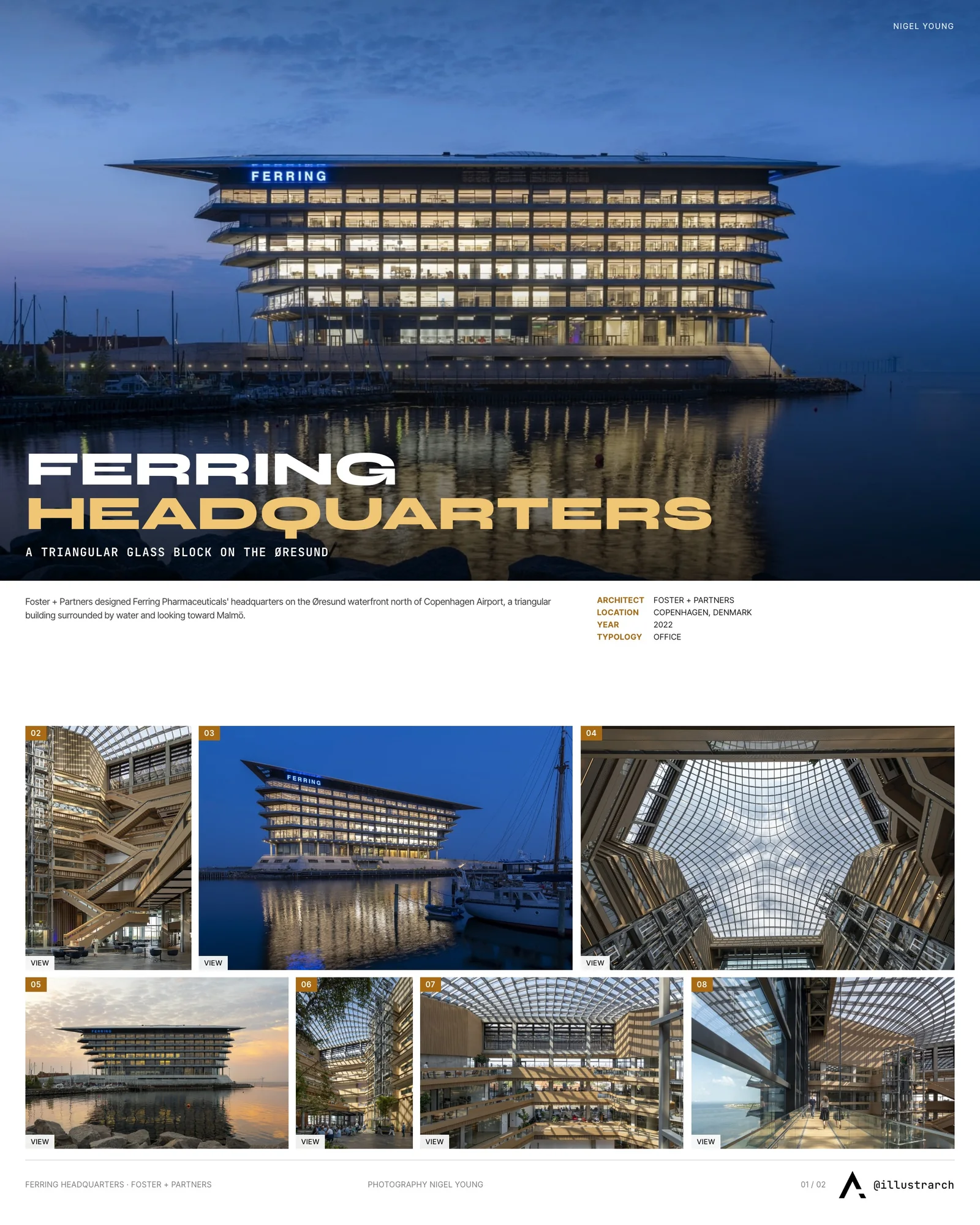 Presentation board cover for Ferring Pharmaceuticals by Foster + Partners, with the lead image, project summary and a grid of photographs and drawings