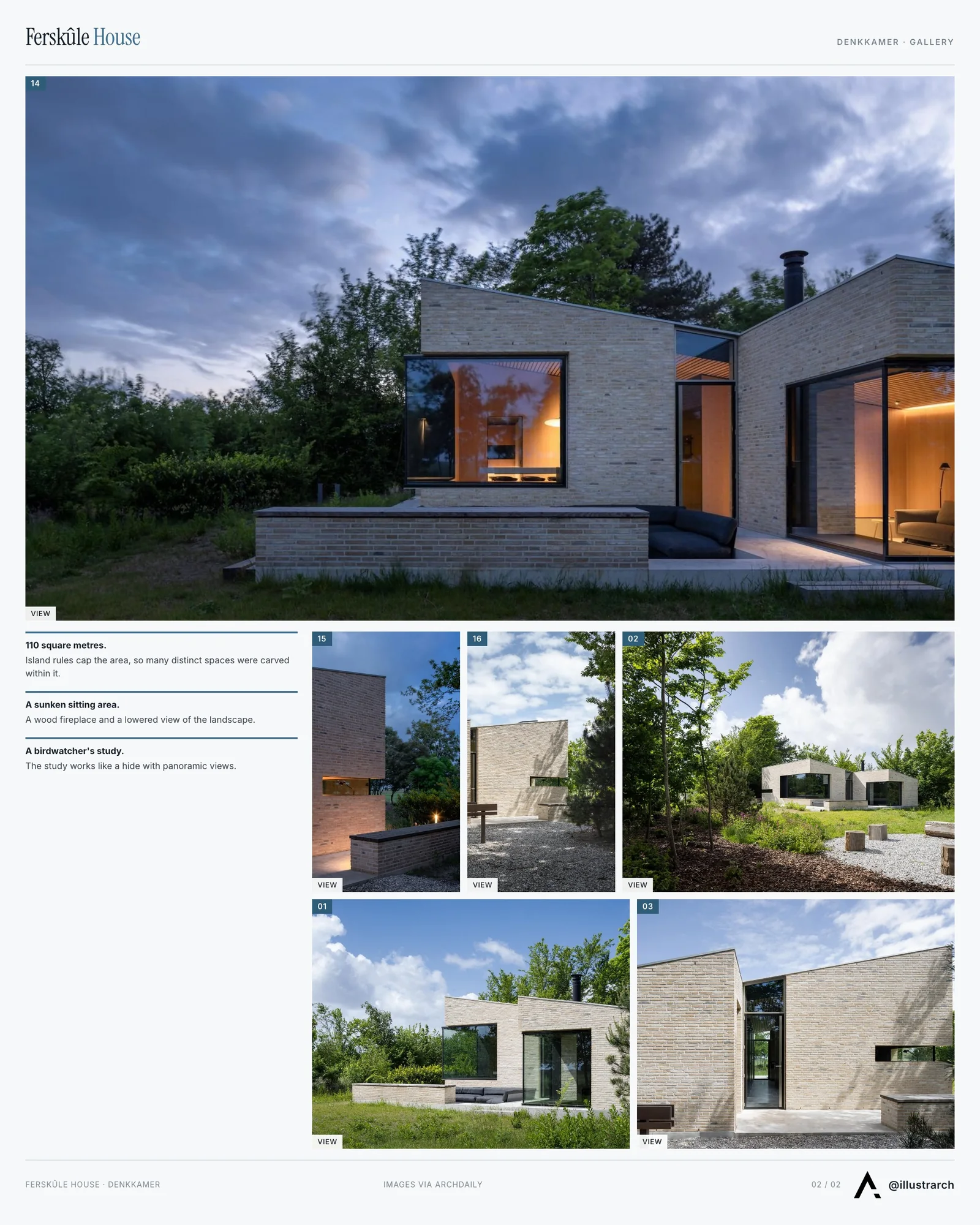 Second presentation board sheet for Ferskûle House: A Secluded Haven on Schiermonnikoog Island, laying out the project drawings and images on one page
