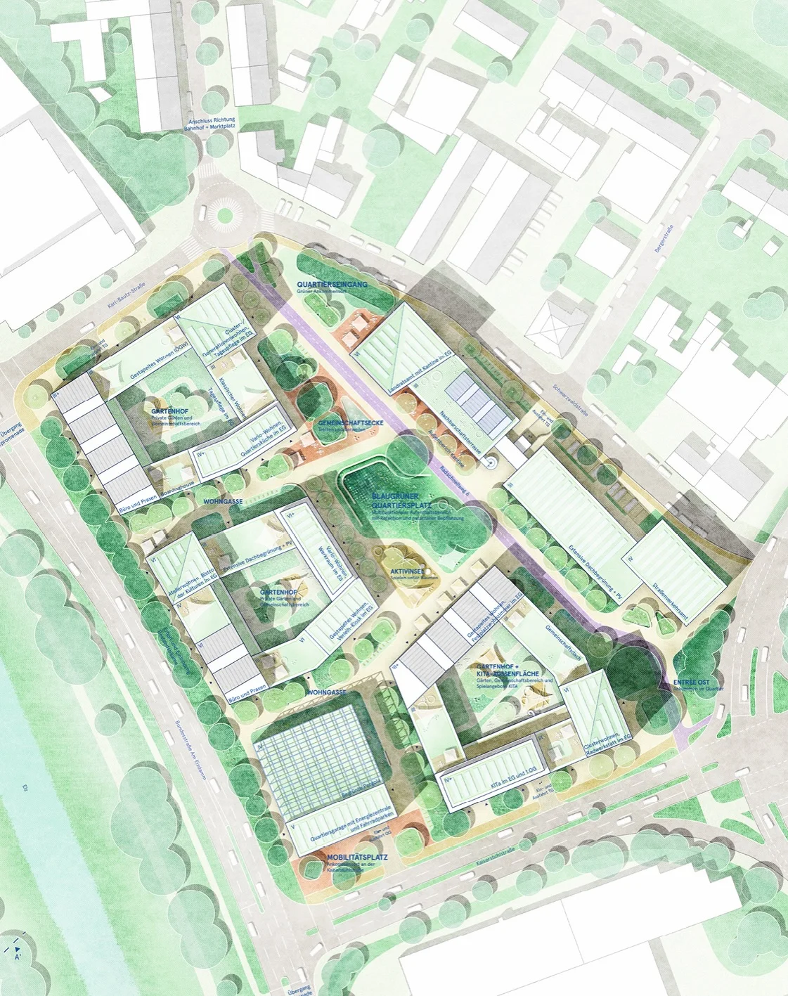 Illustrated green aerial site plan of housing blocks within a competition masterplan