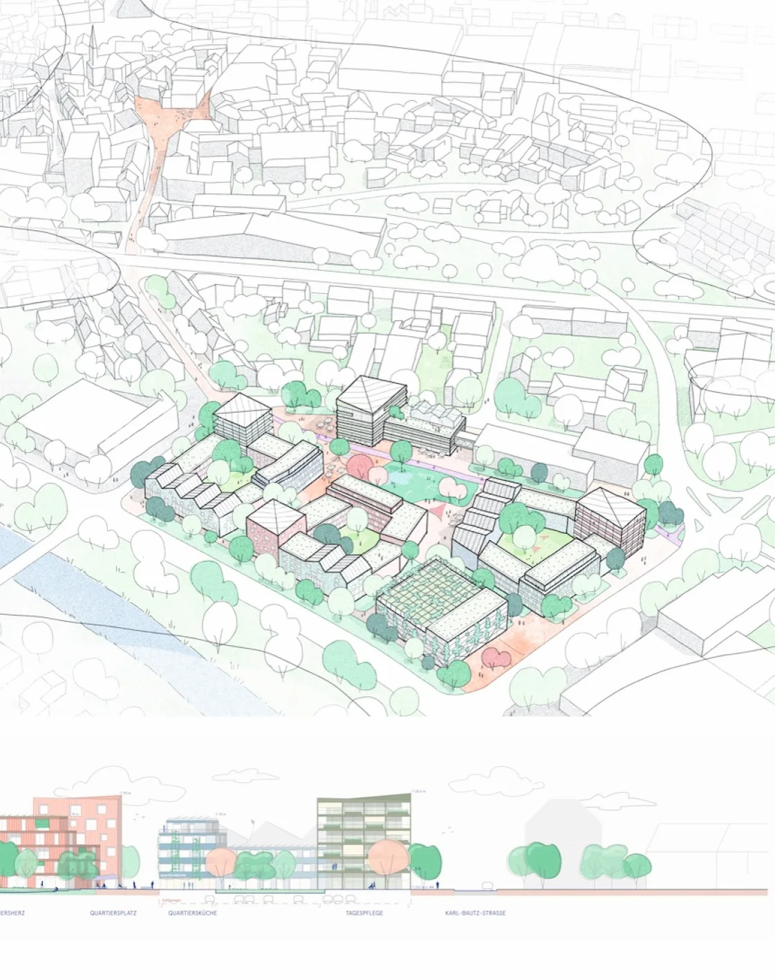 Pale colored overall site plan above a strip of building elevations