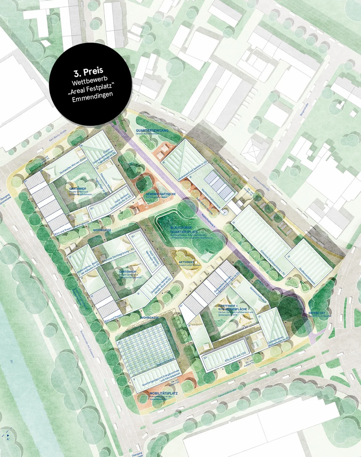 Colorful illustrated aerial masterplan marked as third prize winner for Emmendingen, as a prize winning urban design case