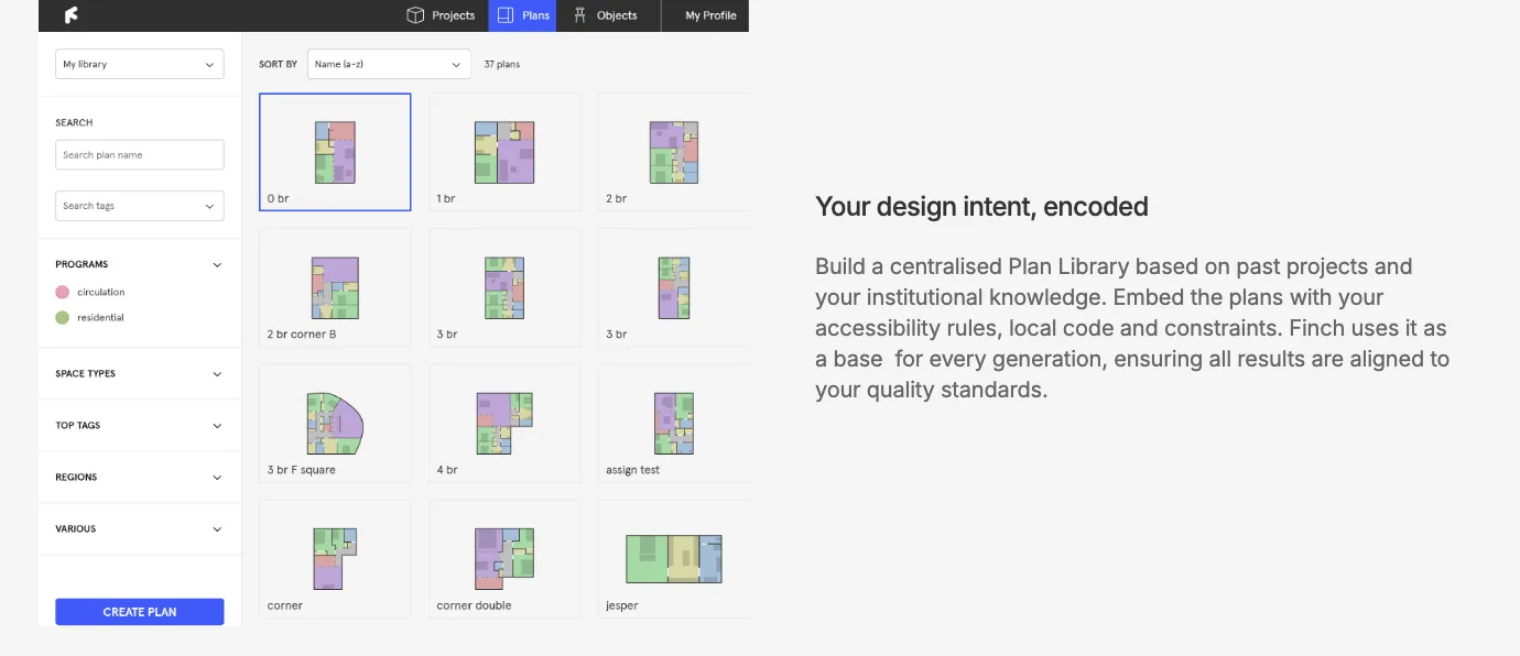 Finch plan library interface listing color coded apartment floor plans sorted by bedroom count