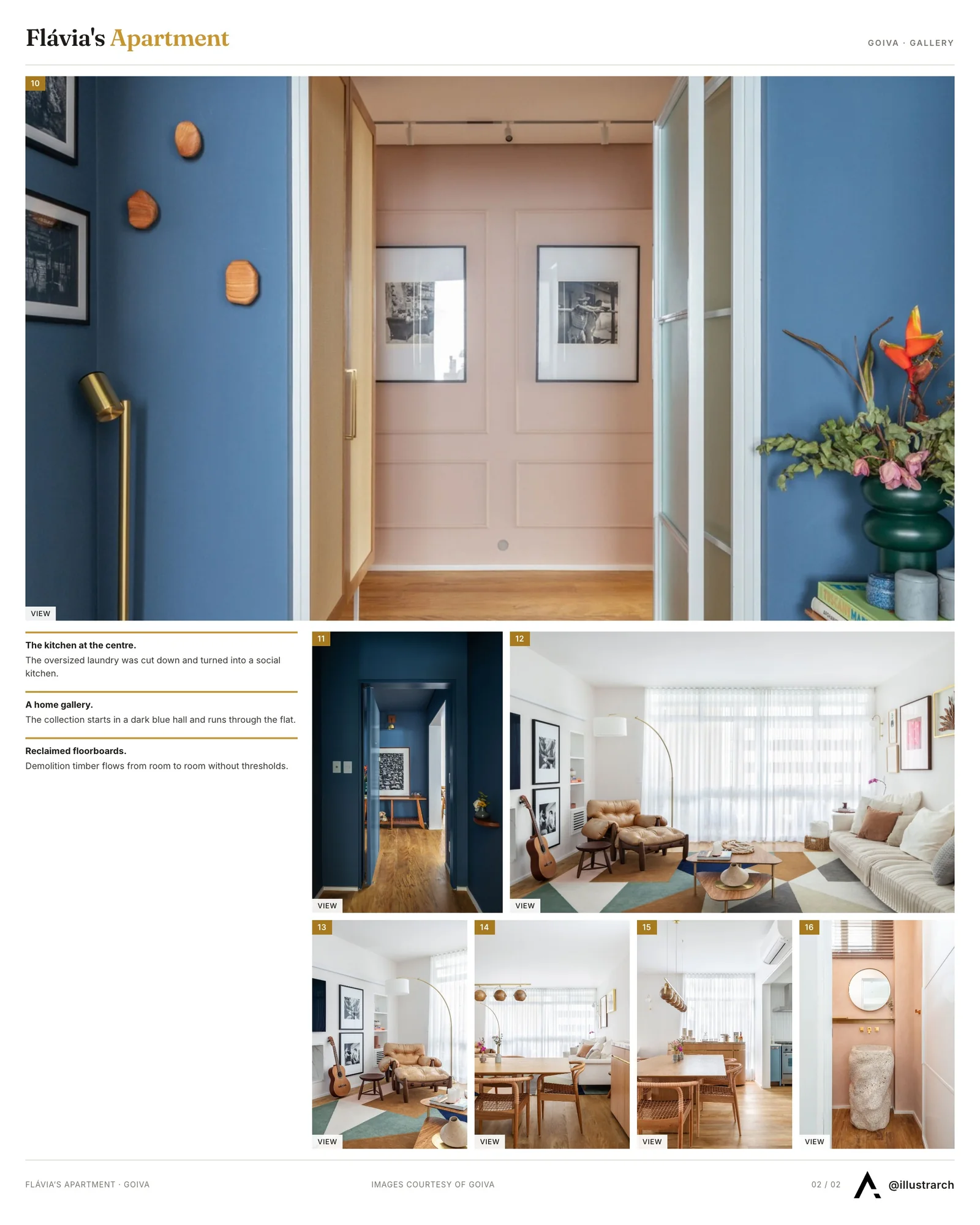 Second presentation board sheet for Flávia's Apartment by Goiva, laying out the project drawings and images on one page