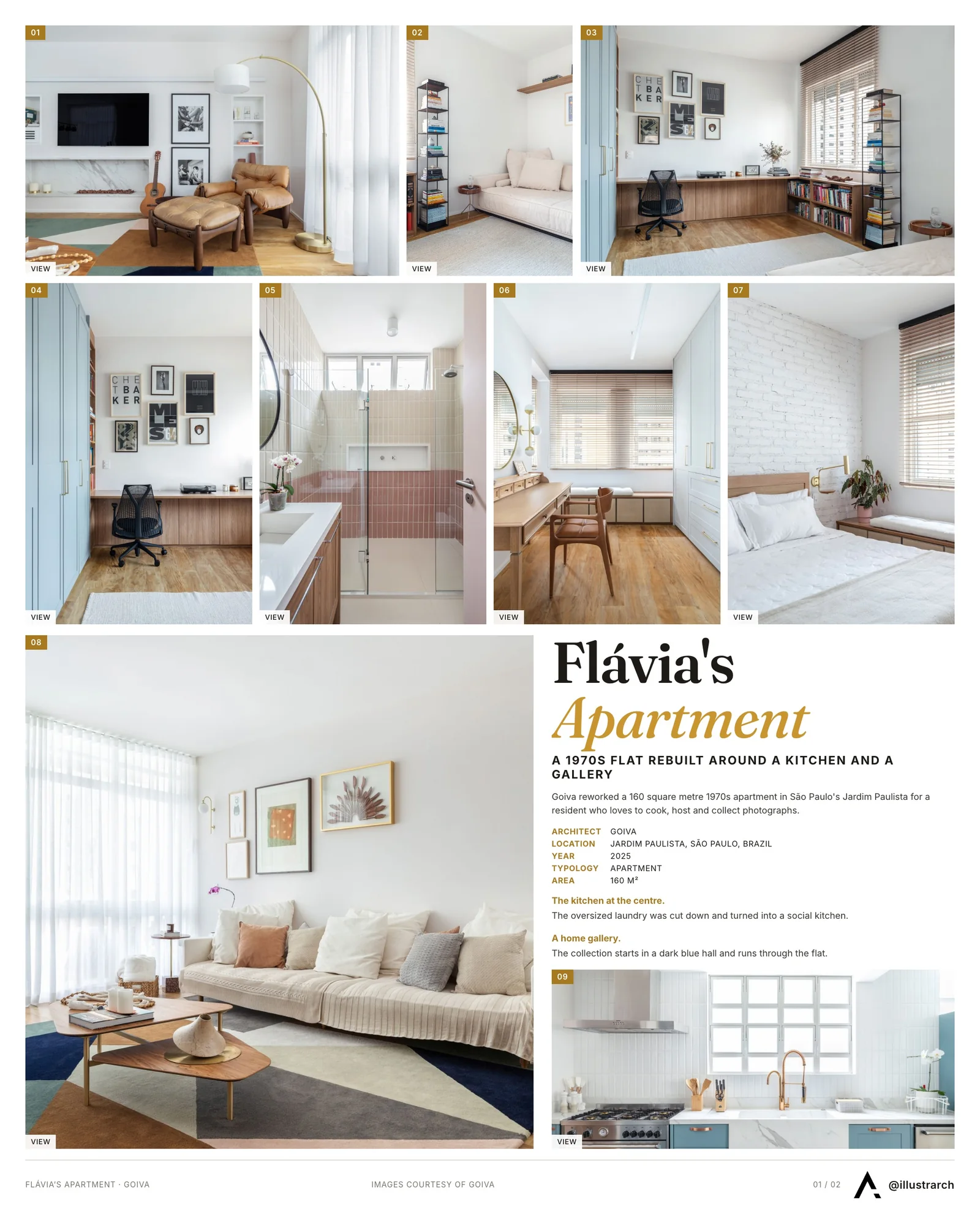Presentation board cover for Flávia's Apartment by Goiva, with the lead image, project summary and a grid of photographs and drawings