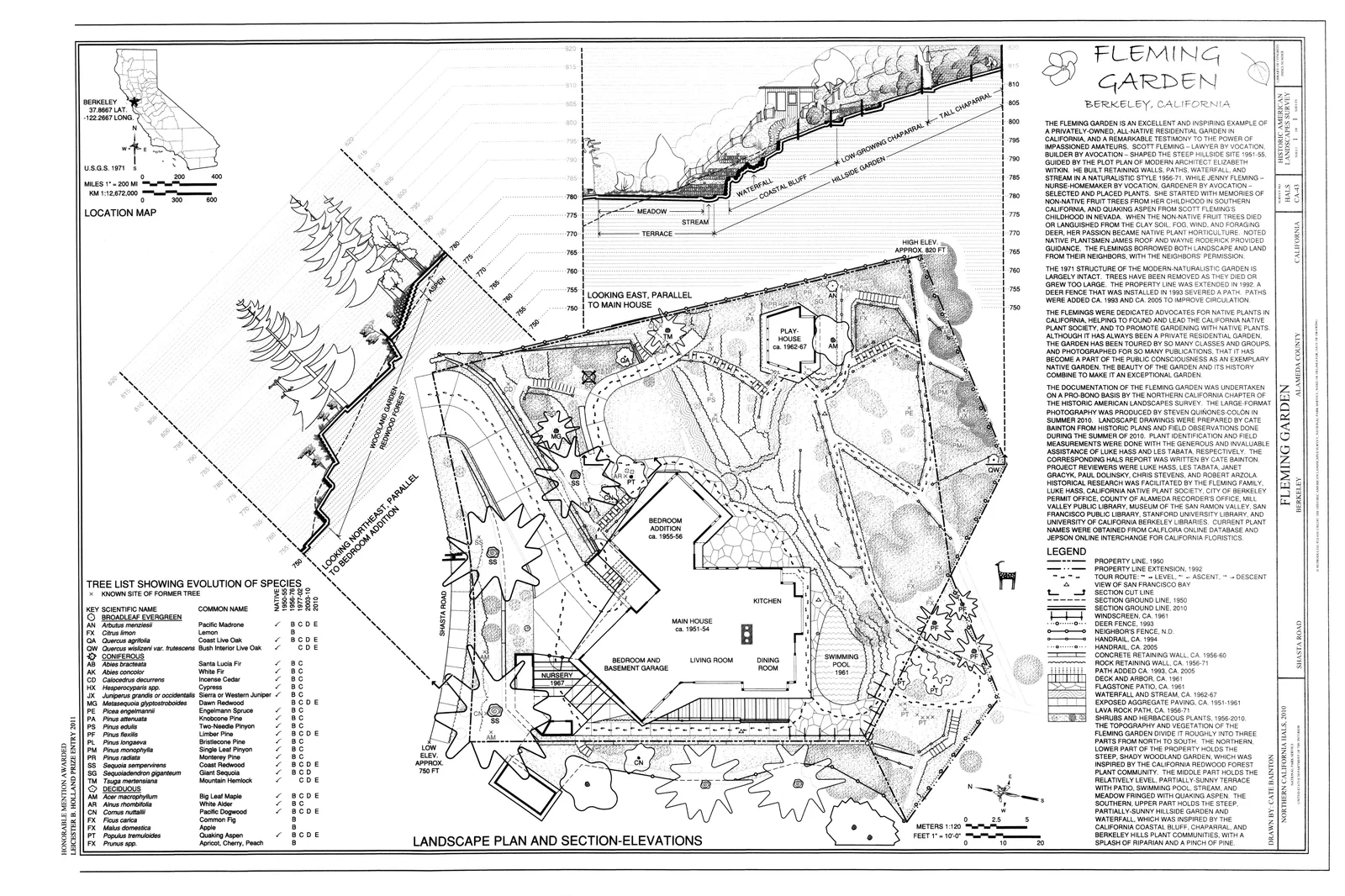 Fleming Garden, Berkeley, USA, landscape plan and section-elevations with native plant bands