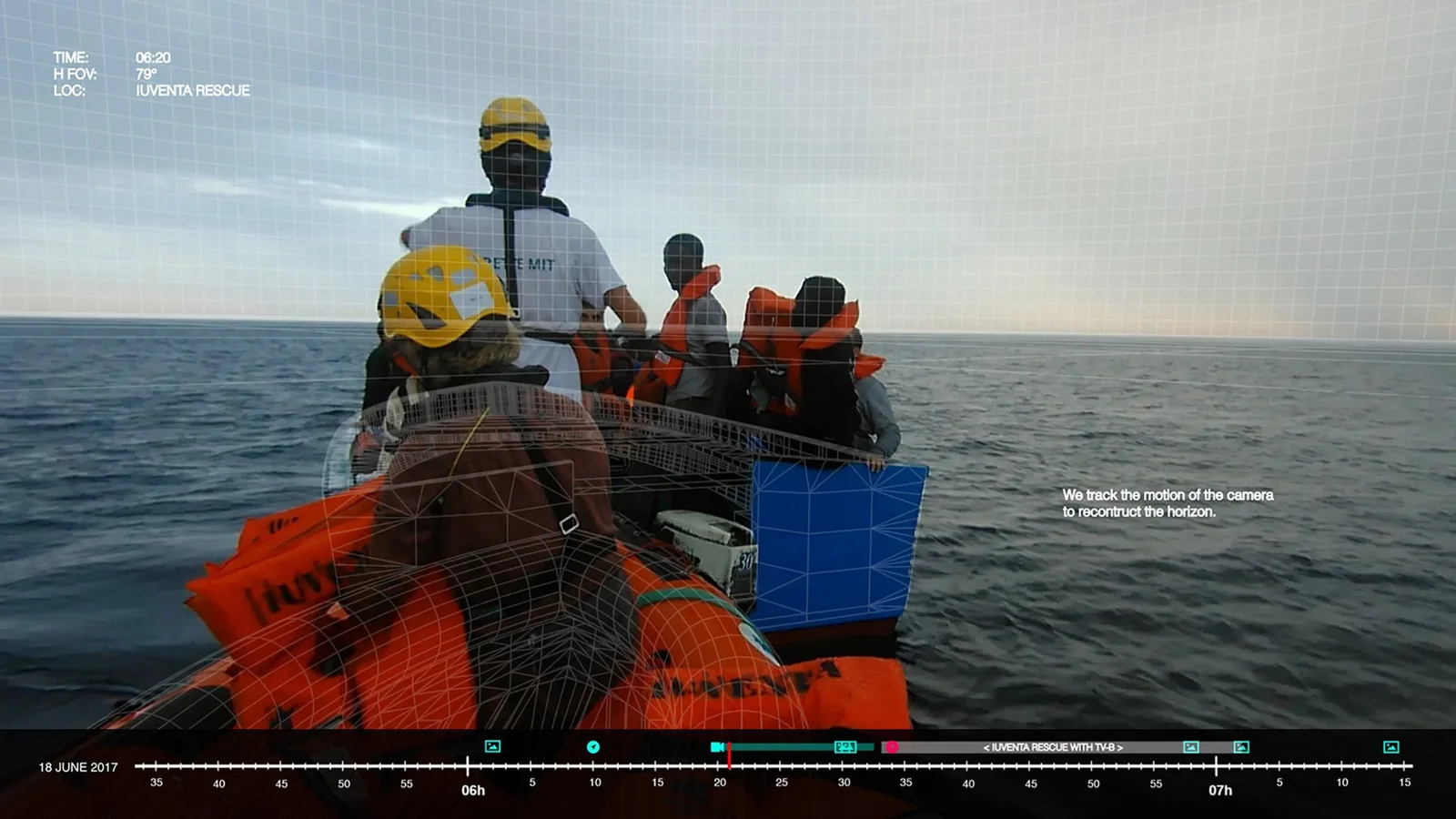 Video still of rescuers in a small boat at sea with a data timeline running along the bottom