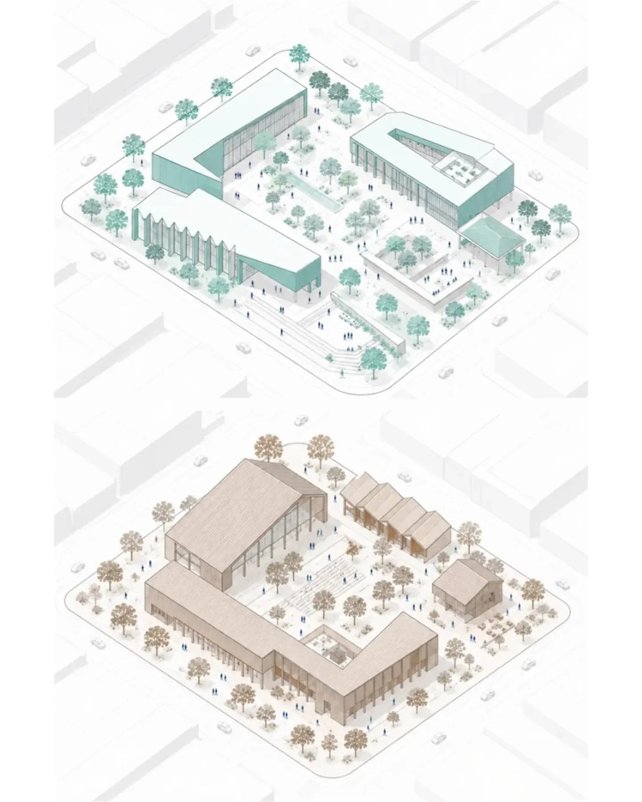 Isometric massing diagram variant in teal and green tones showing a building block arrangement, as one of several quick massing options