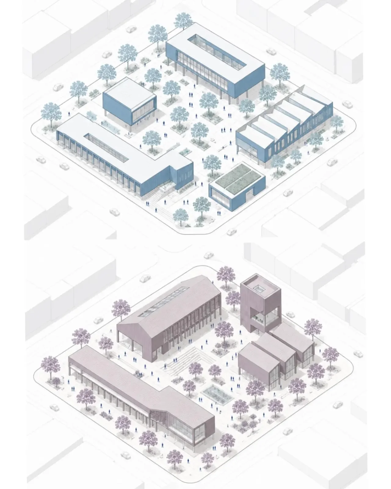 Isometric massing diagram variant in blue and purple tones comparing building configurations, as another quick massing option