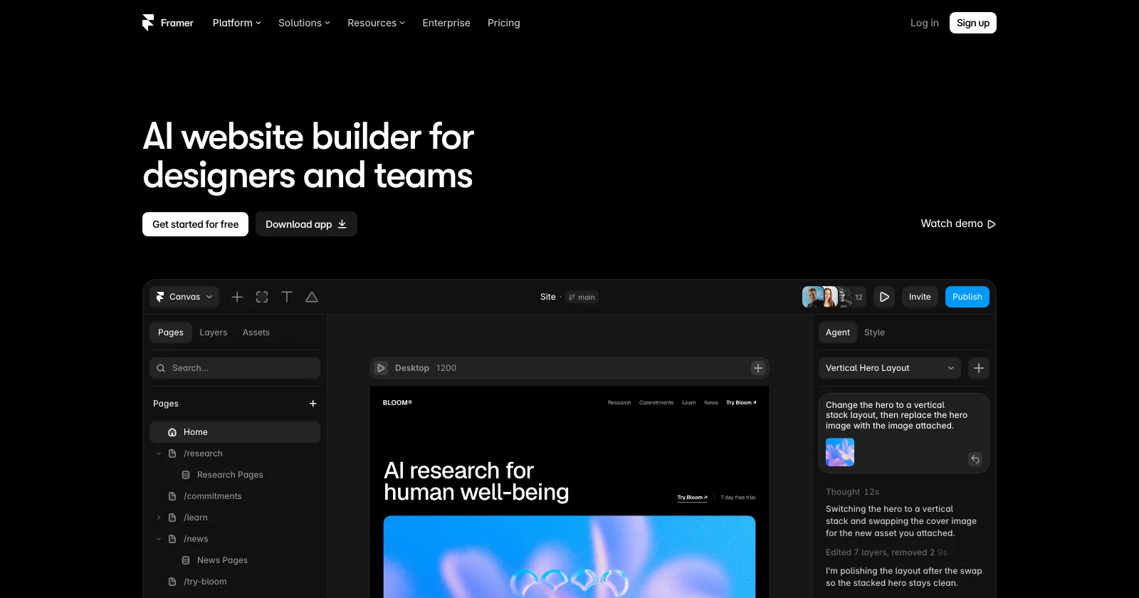 Framer AI homepage showing the site editor with pages panel, canvas and an AI agent chat column