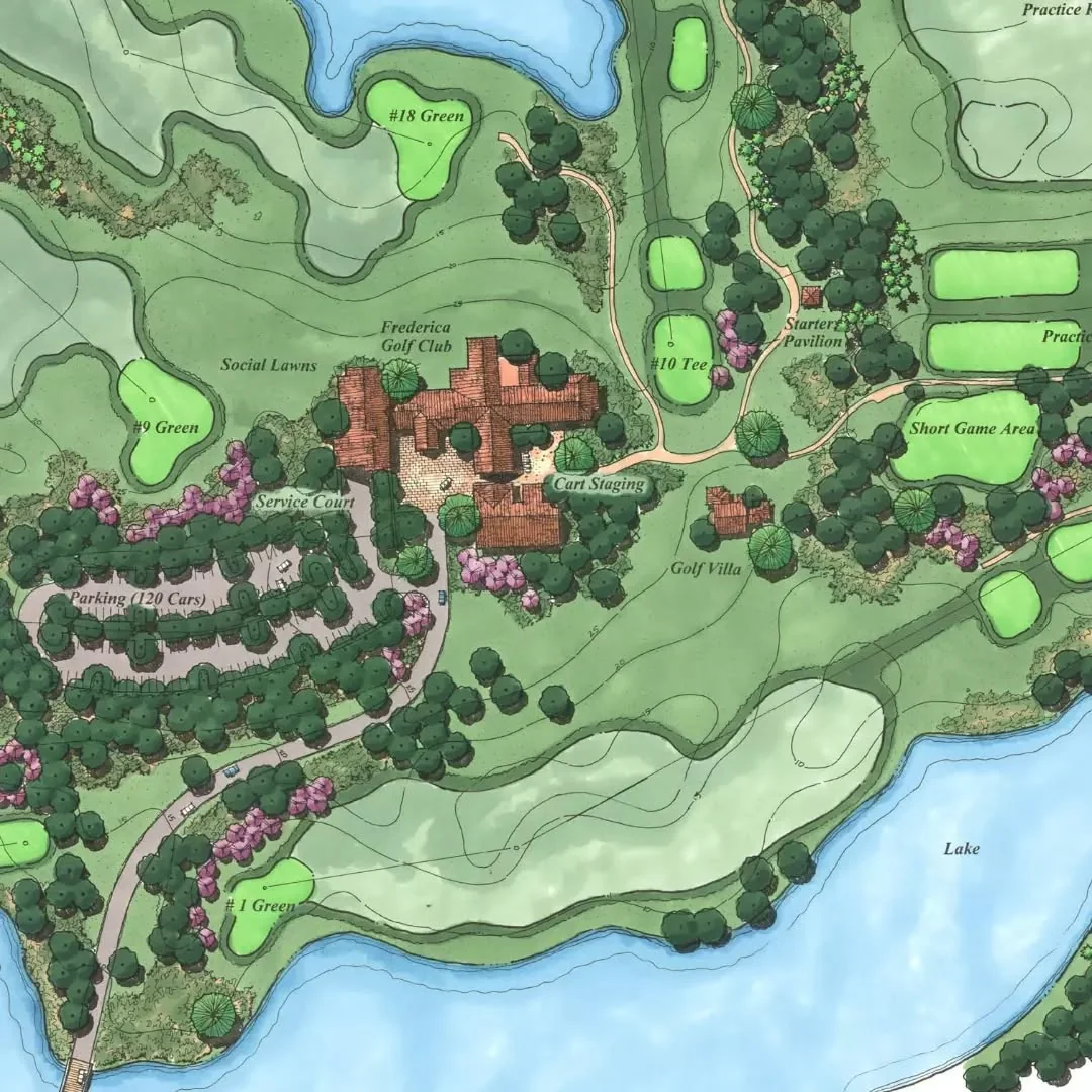 Frederica Golf Club clubhouse area site plan, St. Simons Island, Georgia, by EcoPlan, with greens, lake and parking