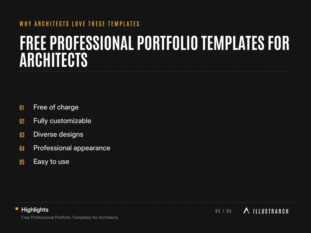 Free Professional Portfolio Templates for Architects: card why architects love these temp