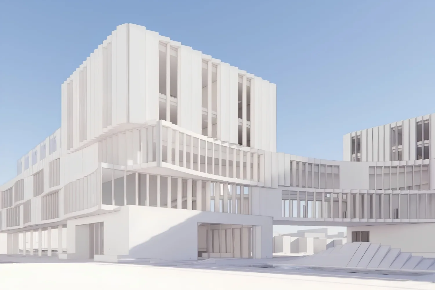 Enscape white clay render of a layered modern building with vertical fins under a pale blue sky