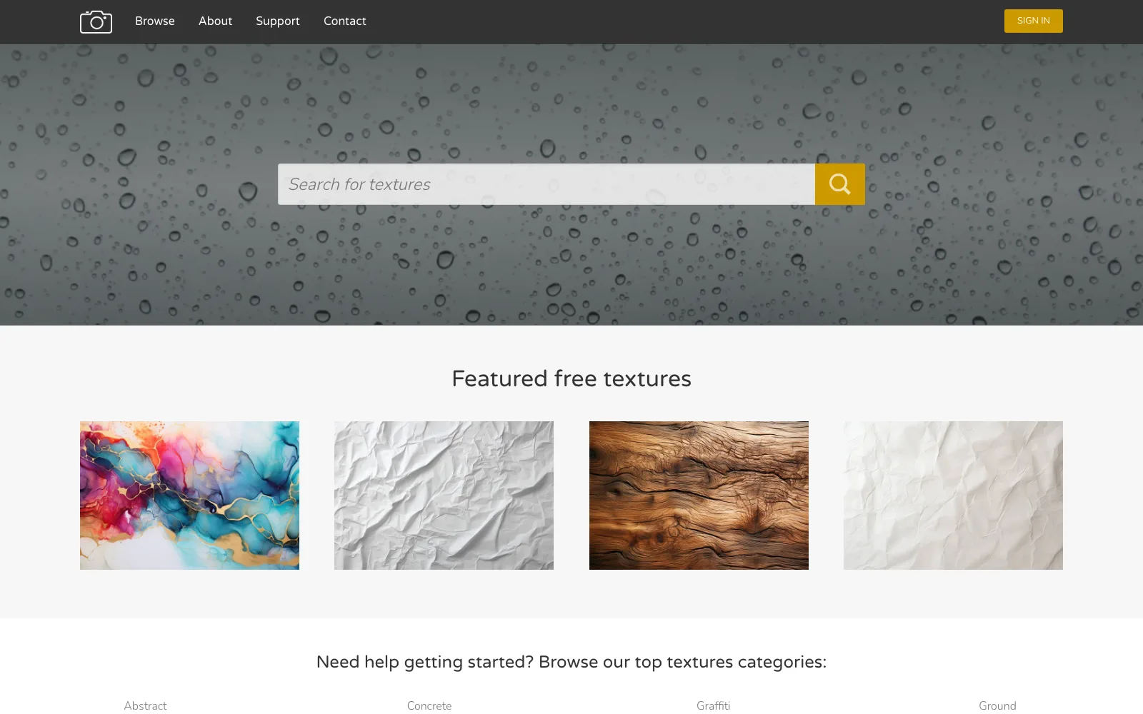 Freestocktextures.com homepage with a texture search bar over raindrops and featured paper and wood textures