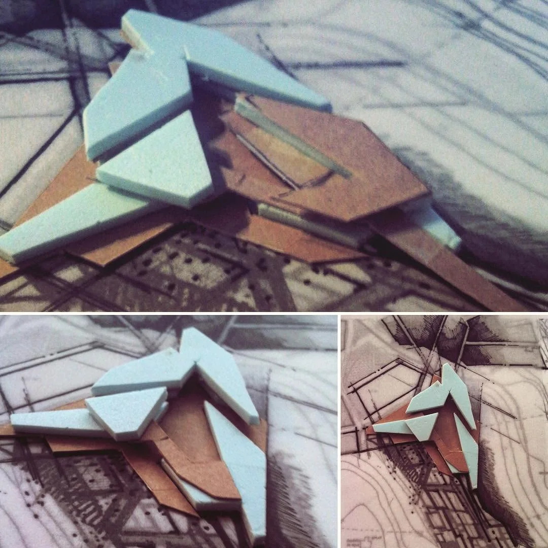 Folded paper and foam study models set over the pencil sketches they came from