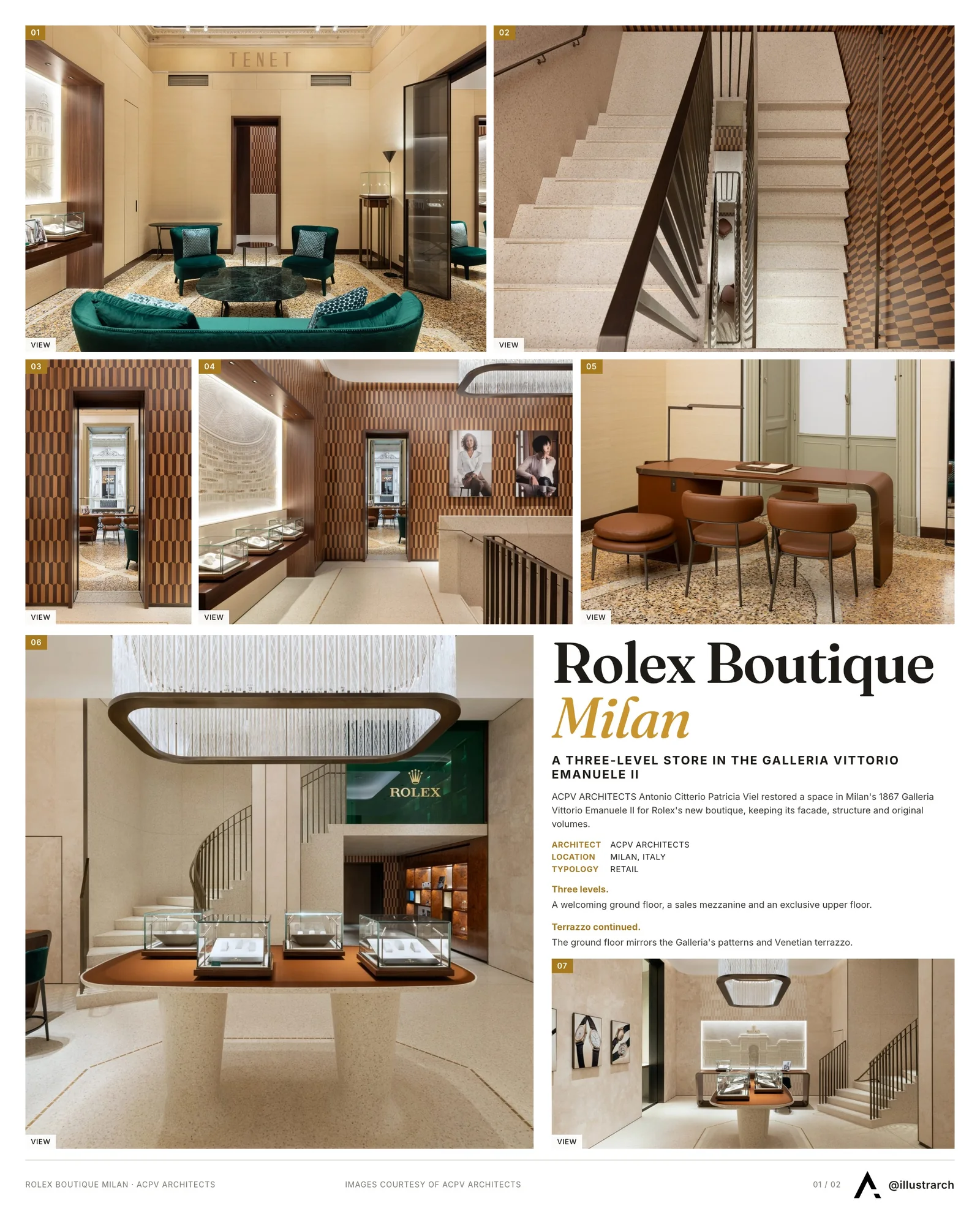 Presentation board cover for Unveiling a Timeless Luxury Boutique in Milan's Historic Galleria Vittorio Emanuele II, with the lead image, project summary and a grid of photographs and drawings