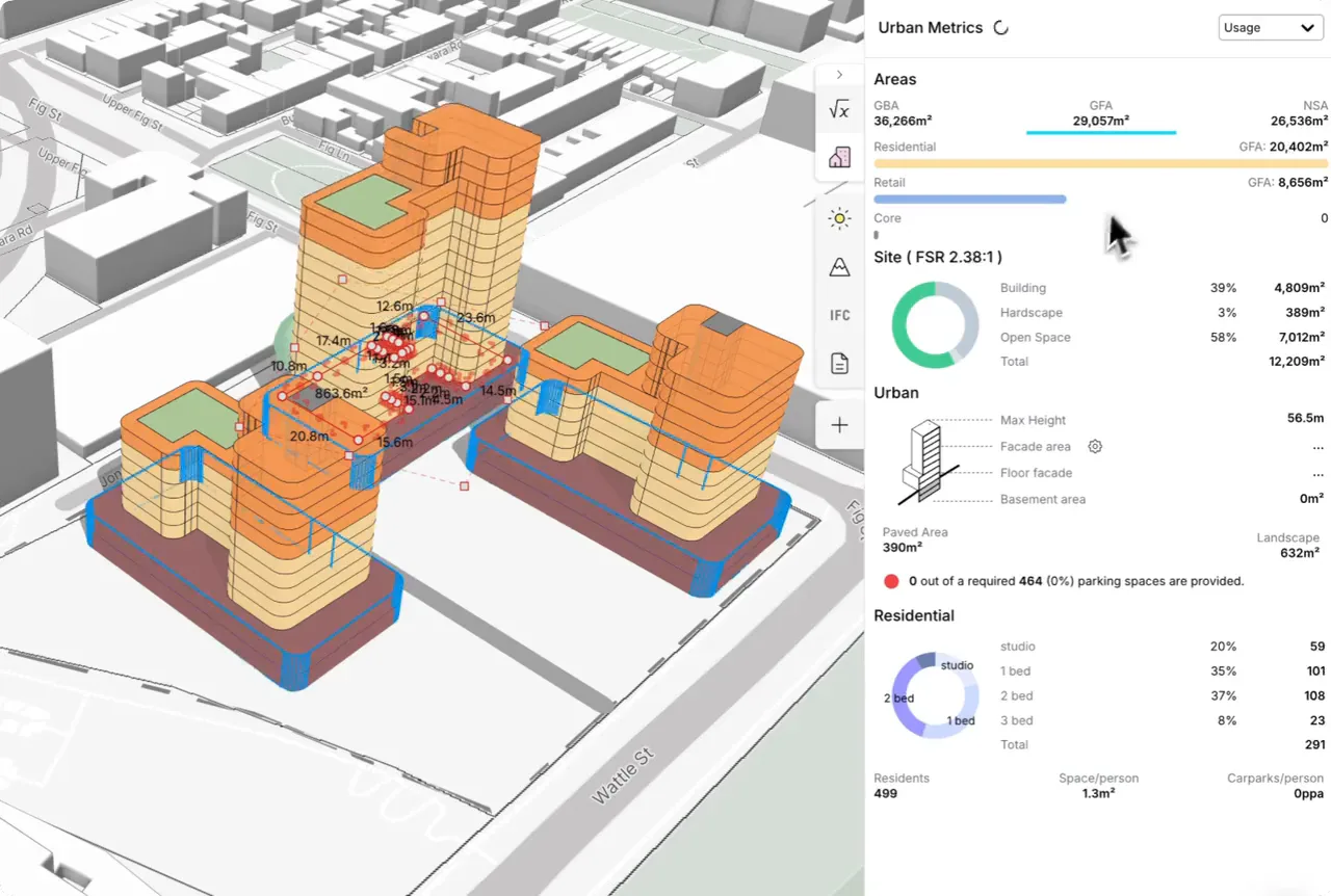 Giraffe massing of three apartment blocks beside an Urban Metrics panel showing 29,057 m2 GFA and an FSR of 2.38:1