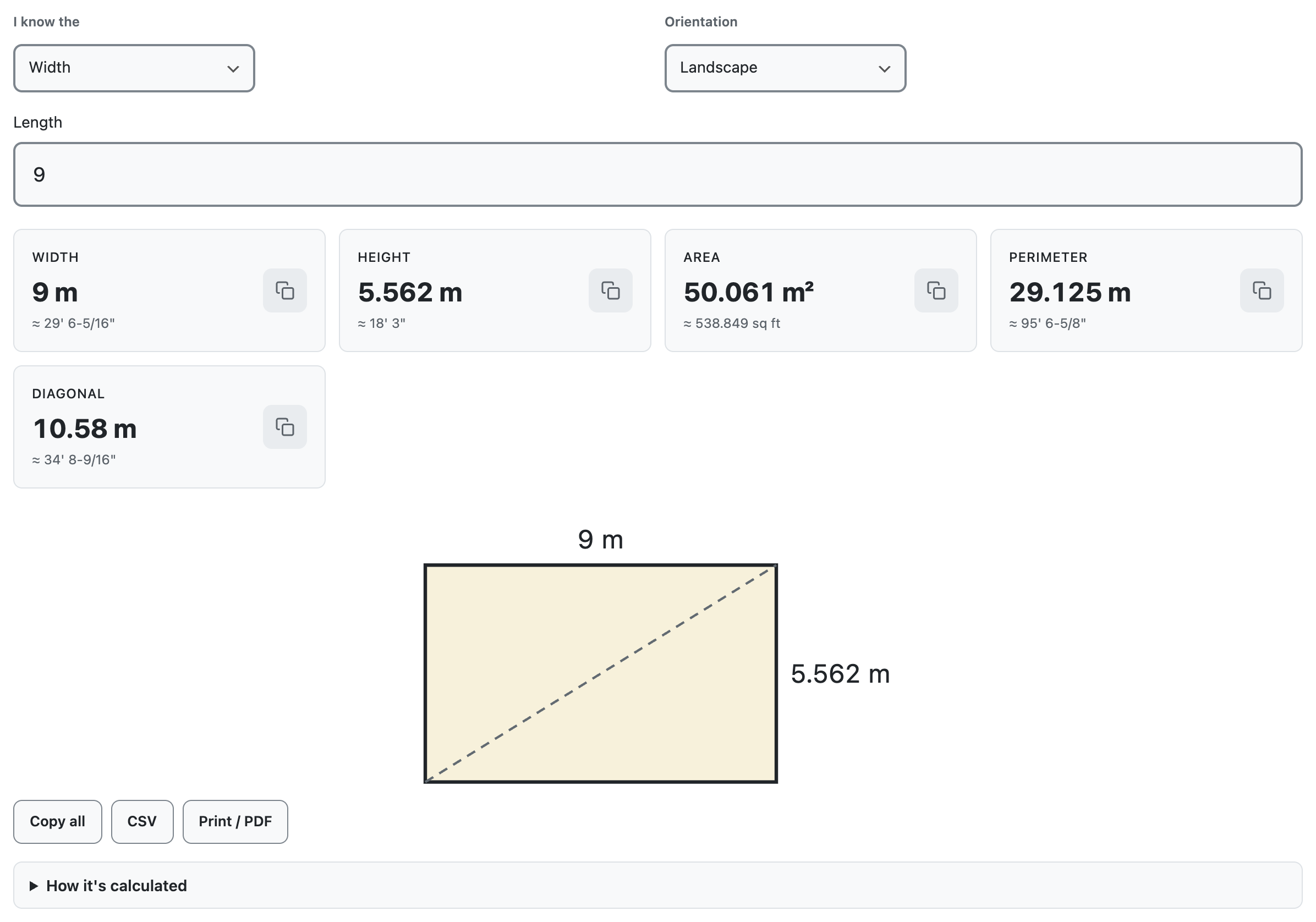 Golden rectangle calculator with a 9 m width: height 5.562 m, area 50.061 m2, perimeter 29.125 m and diagonal 10.58 m, with the rectangle drawn to proportion