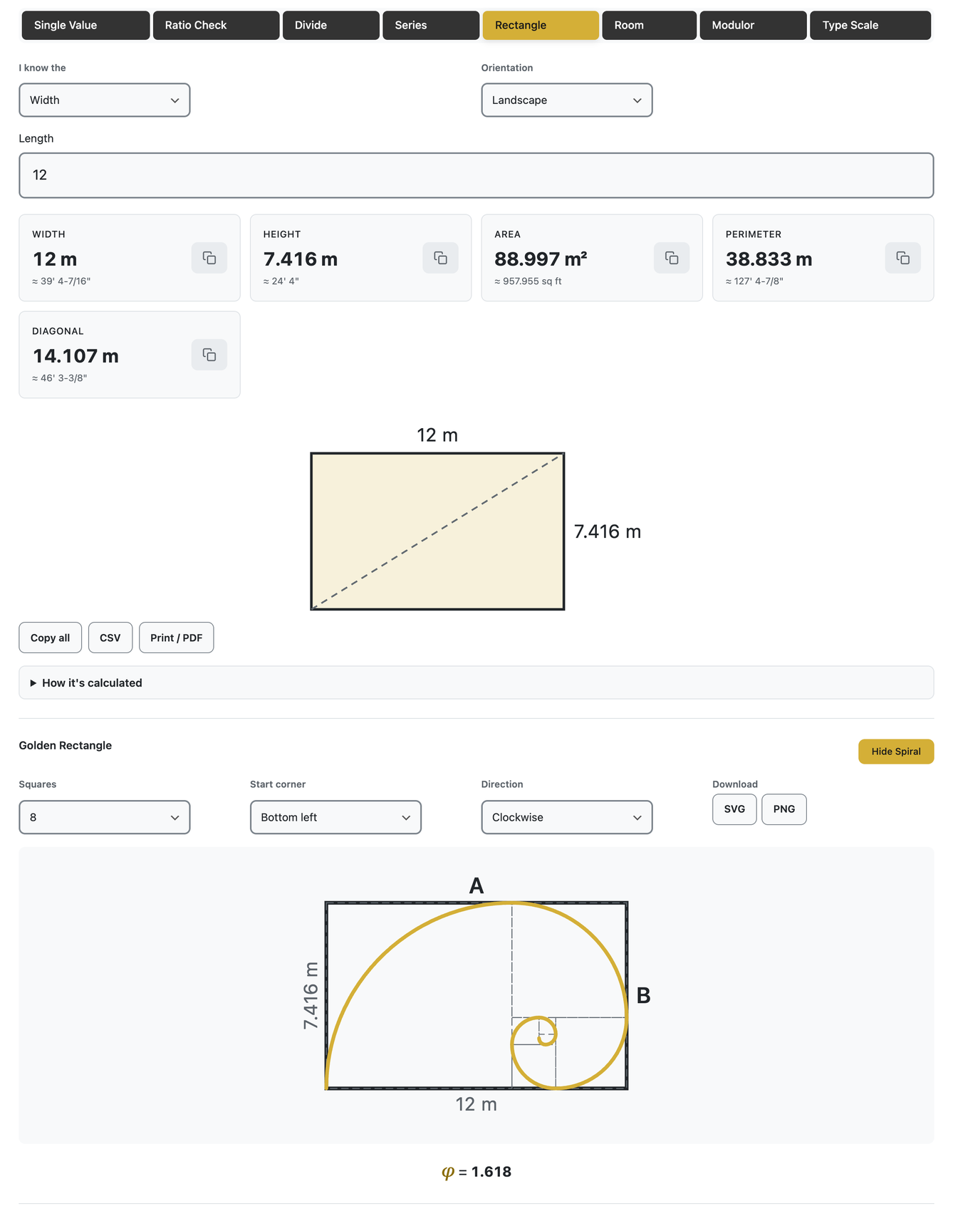 Golden rectangle calculator in Rectangle mode: a 12 m width gives a 7.416 m height, with area, diagonal and the golden spiral drawing