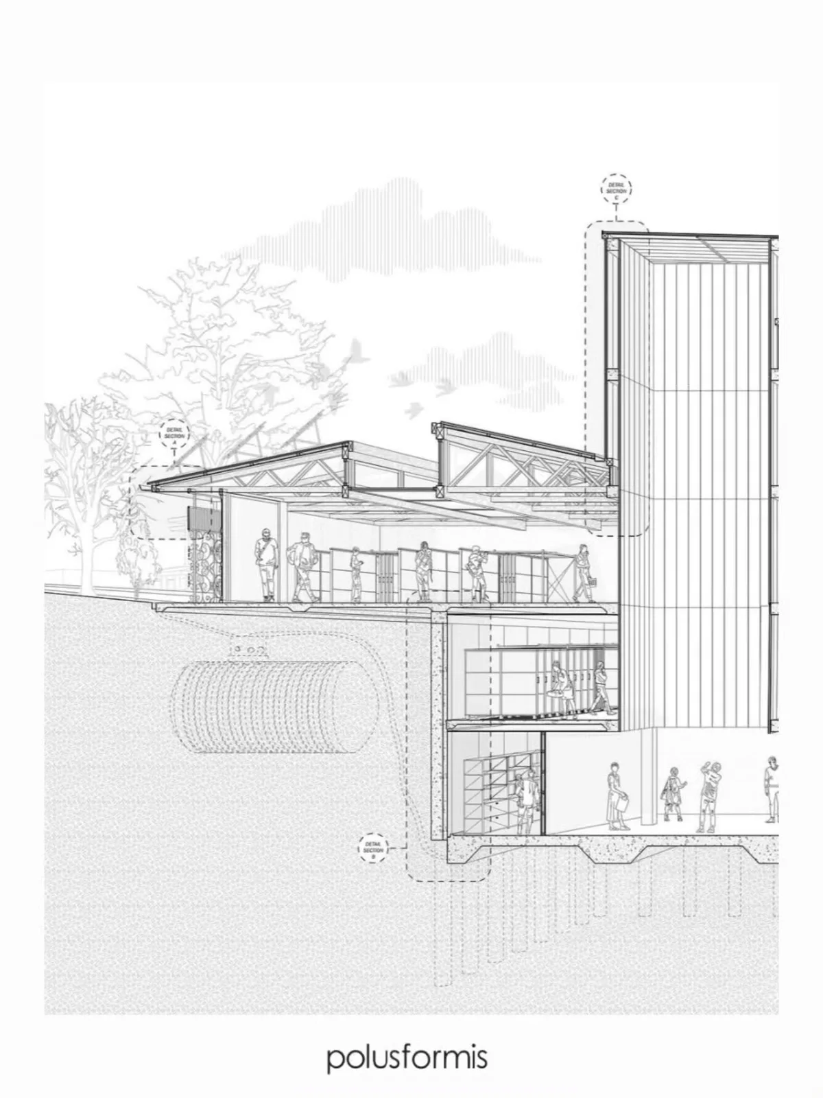 Line section perspective of a building with people, roof trusses and ground layers showing human scale and material depth