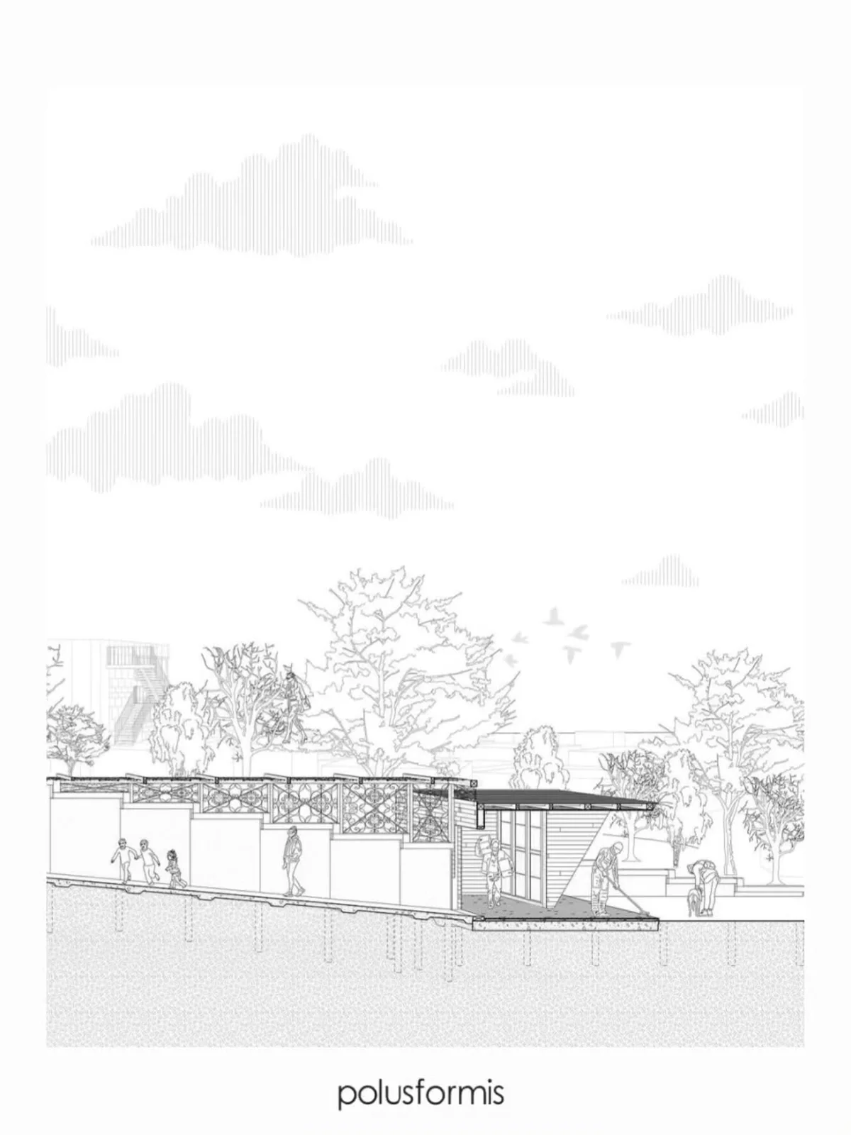 Line section of a low pavilion among trees with people, clouds and planting enriching the drawing