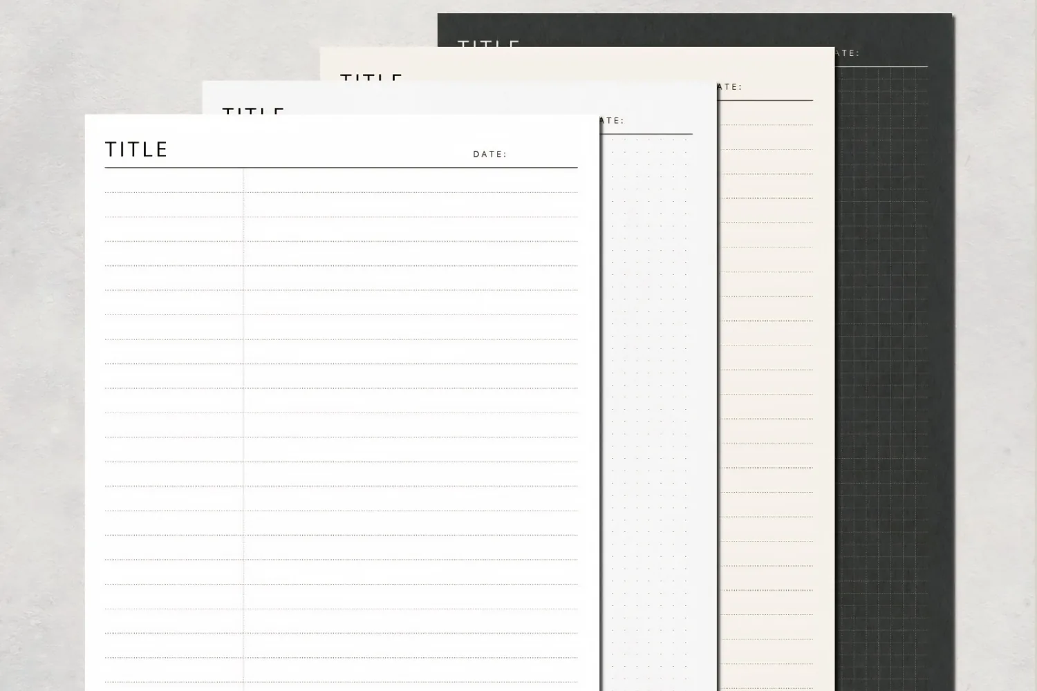 Stack of digital paper templates: lined, dotted and dark grid pages with title and date fields