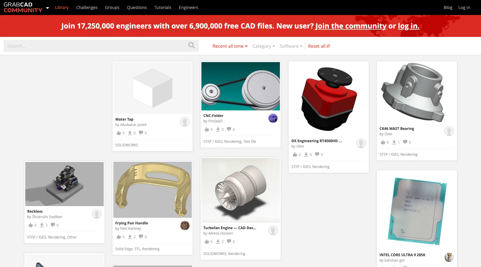 GrabCAD Community Library grid of recent CAD models such as a bearing, a turbofan engine and a frying pan handle