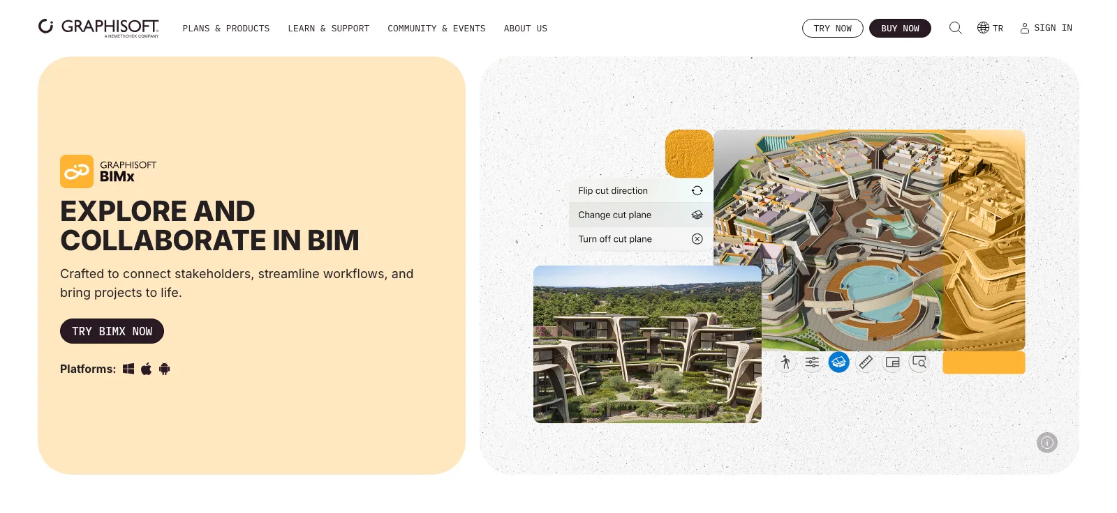 Graphisoft BIMx page with a sectioned 3D building model, cut plane controls and a terraced housing view