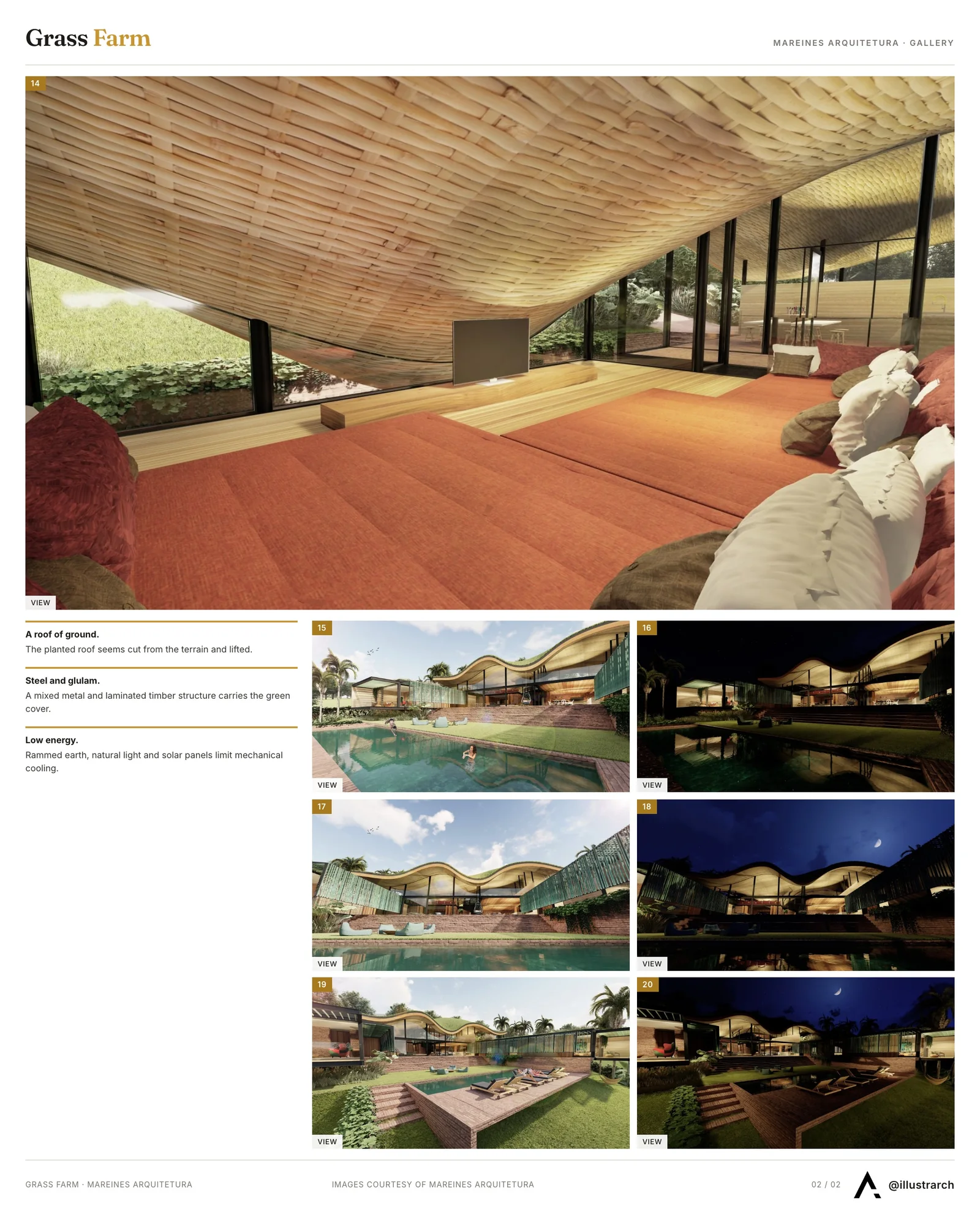 Second presentation board sheet for Grass Farm, laying out the project drawings and images on one page