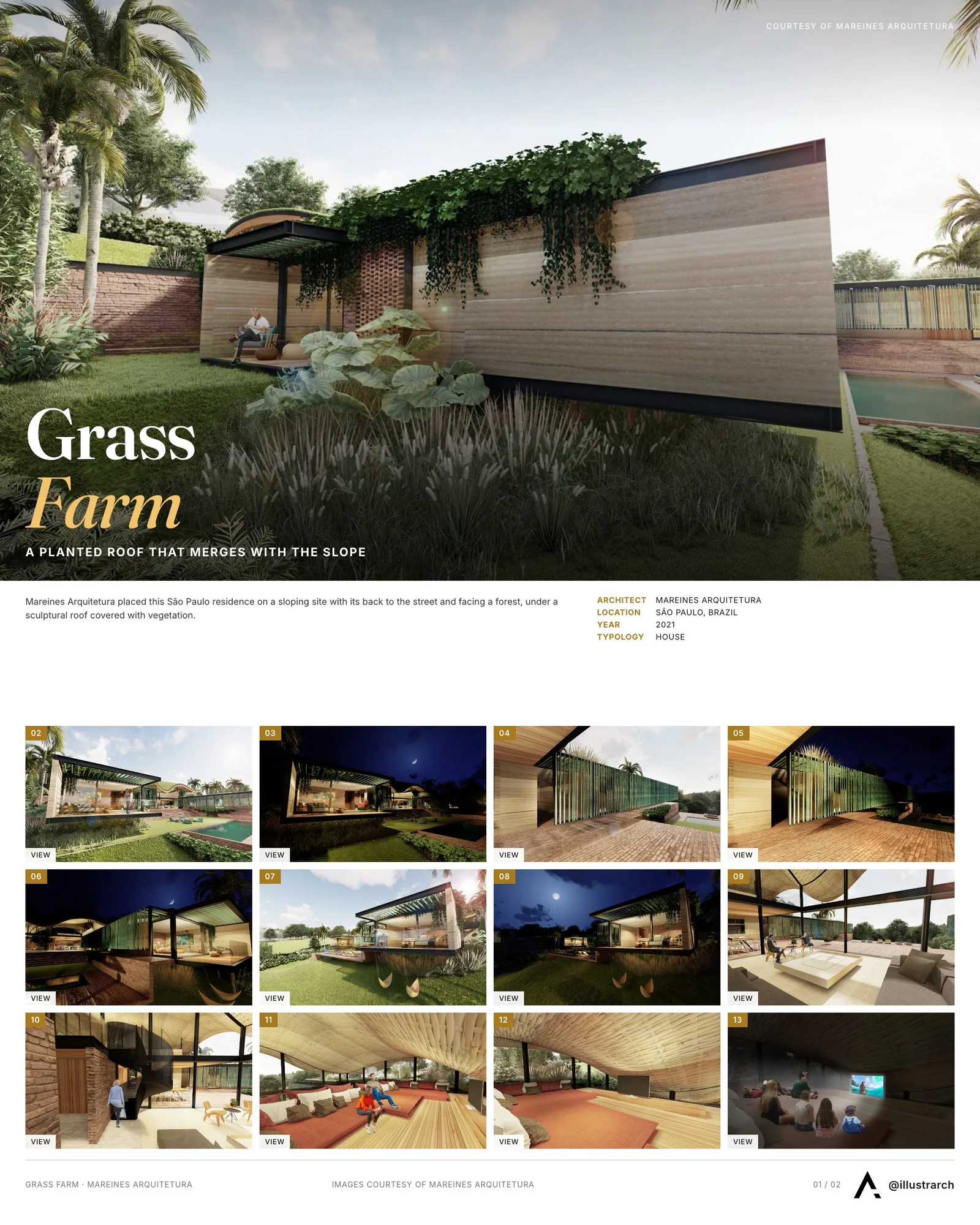 Presentation board cover for Grass Farm, with the lead image, project summary and a grid of photographs and drawings