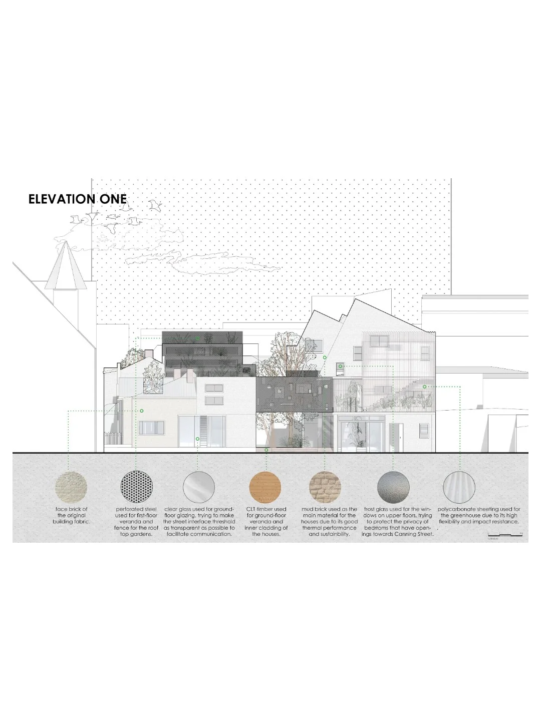 Material palette with circular swatches above a line elevation study labeled Elevation One