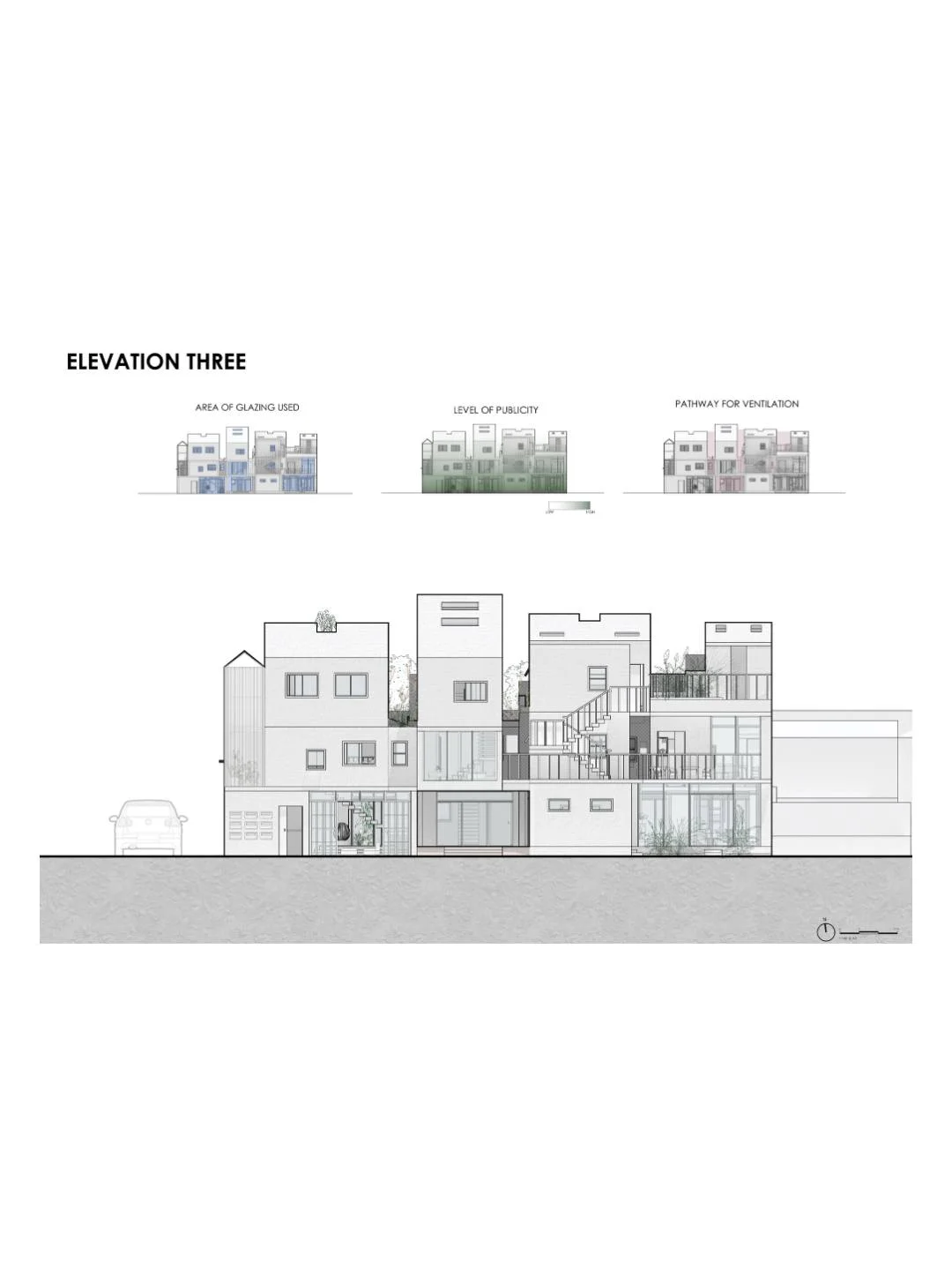 Line elevation drawing of a housing block labeled Elevation Three with small material icons