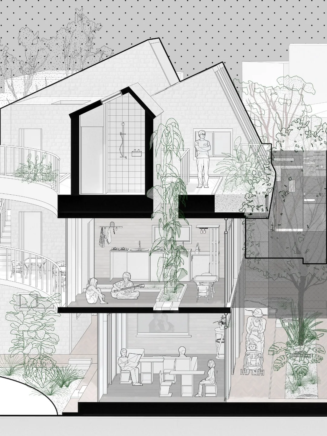 Axonometric section cutaway of a narrow house showing courtyard planting and interior rooms in black line