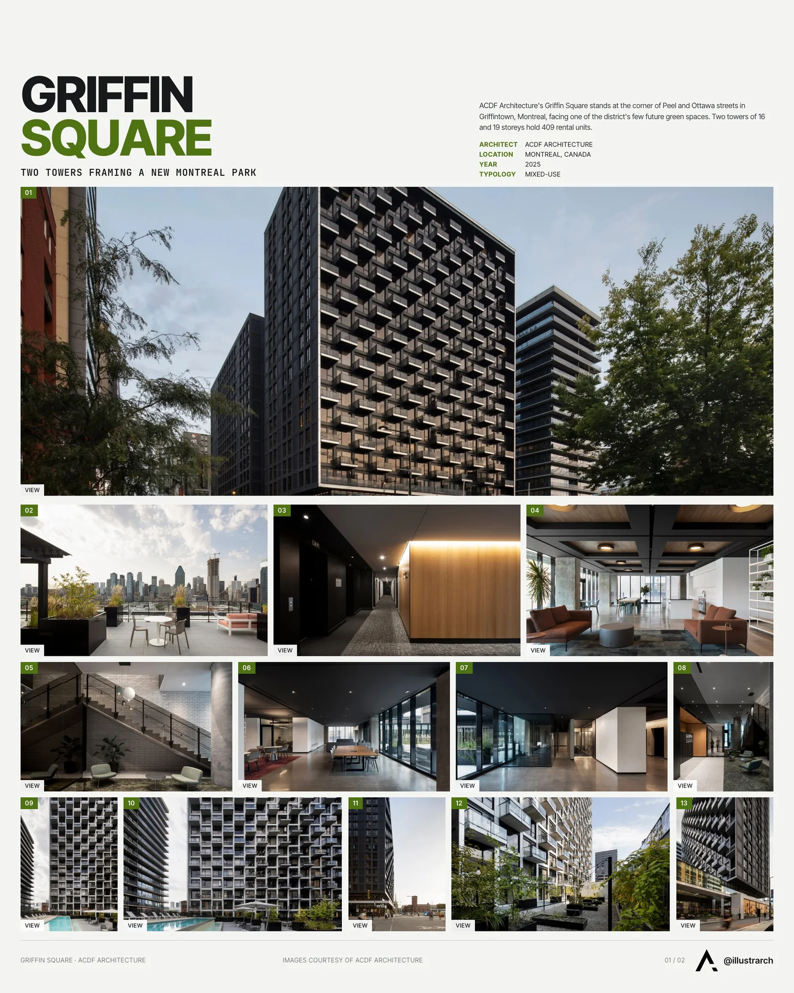 Presentation board cover for Griffin Square: Redefining Urban Living in the Heart of Montreal, with the lead image, project summary and a grid of photographs and drawings