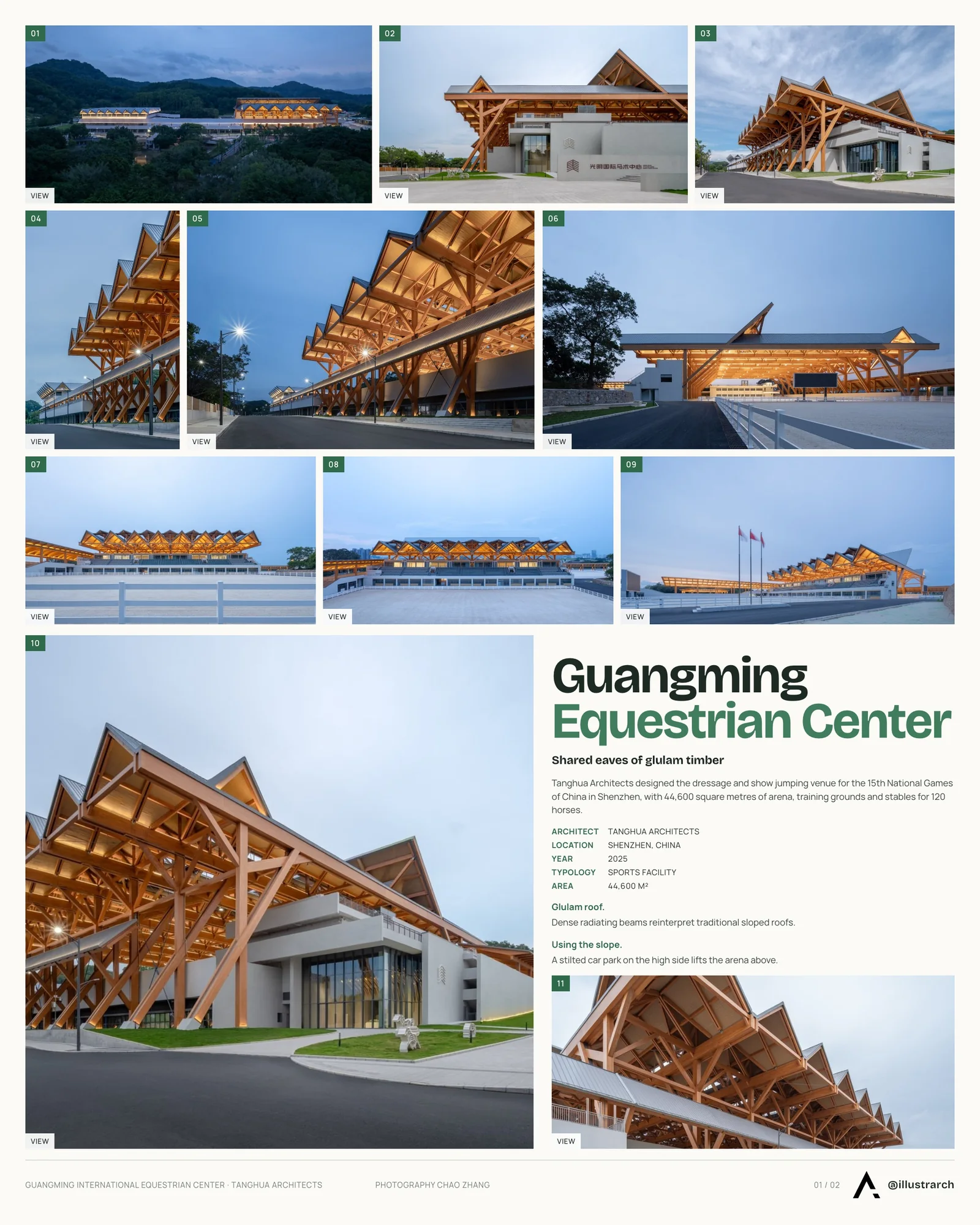 Presentation board cover for Shenzhen Guangming International Equestrian Center by Tanghua Architects, with the lead image, project summary and a grid of photographs and drawings