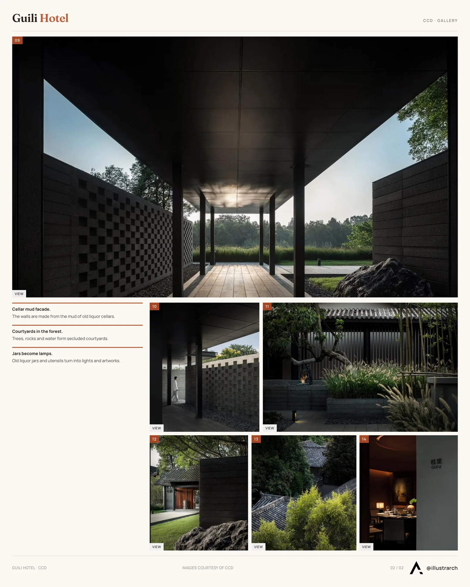 Second presentation board sheet for Guili Hotel, laying out the project drawings and images on one page