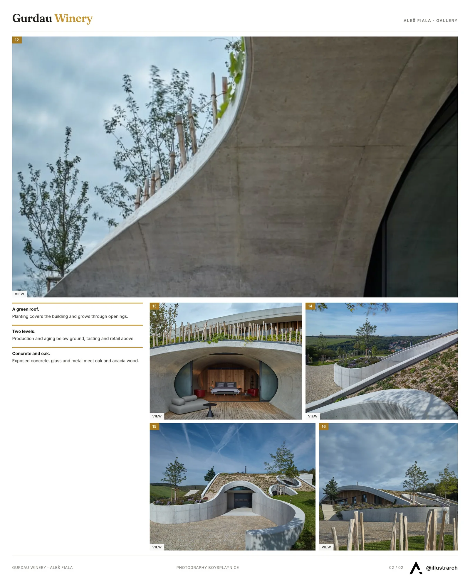 Second presentation board sheet for Gurdau Winery by Aleš Fiala, laying out the project drawings and images on one page