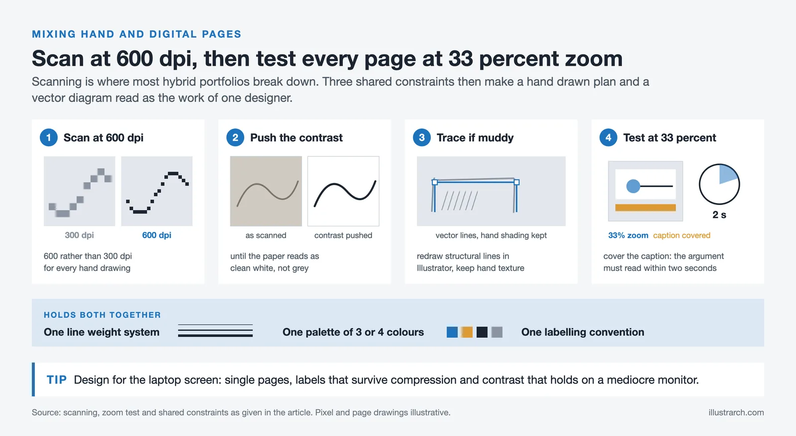Four steps for hand work in a digital portfolio: 600 dpi scan, contrast, vector trace and a 33 percent zoom test