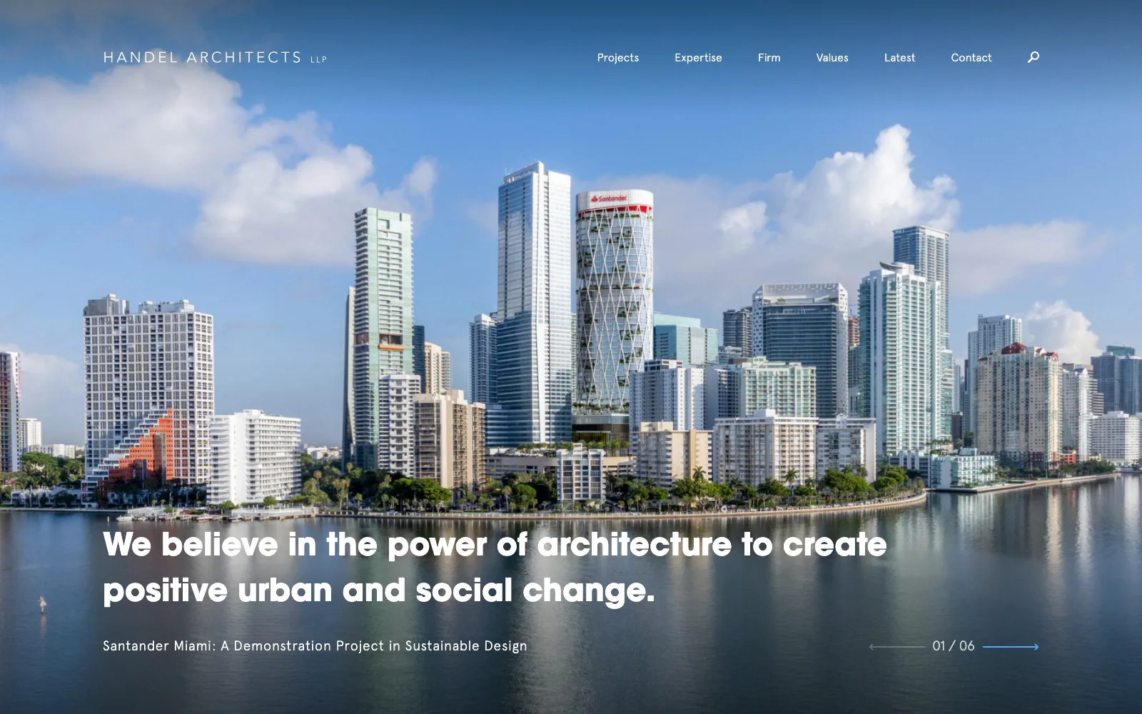 Handel Architects homepage featuring a Santander Miami tower among high rises along the waterfront
