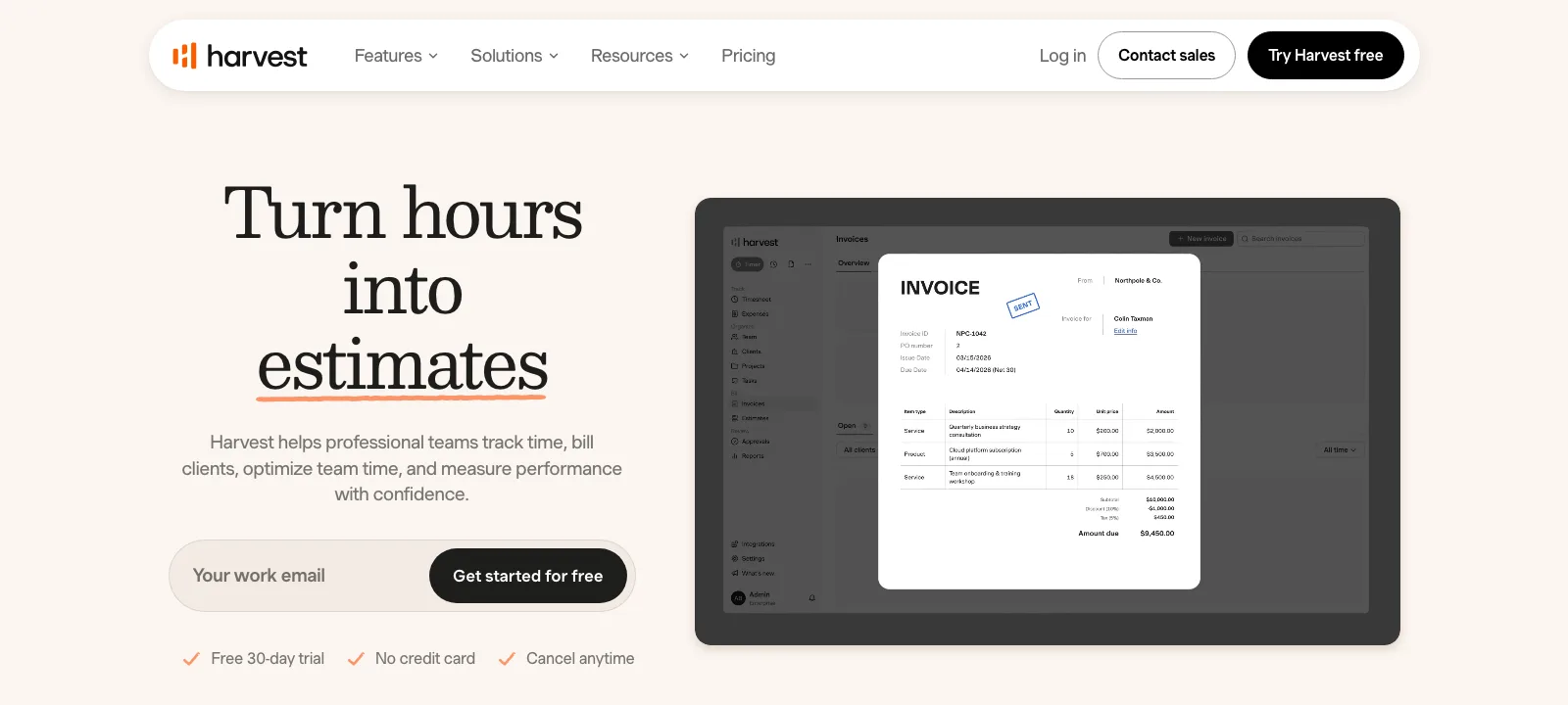 Harvest homepage with the headline Turn hours into estimates beside a sample invoice in the app