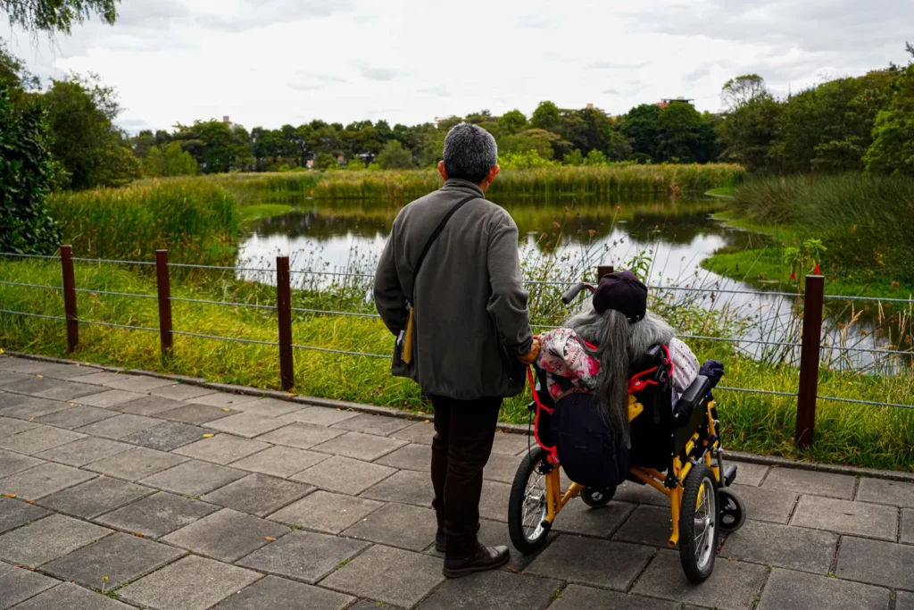 Visitor in a wheelchair and a companion pausing on a paved path overlooking a wetland pond